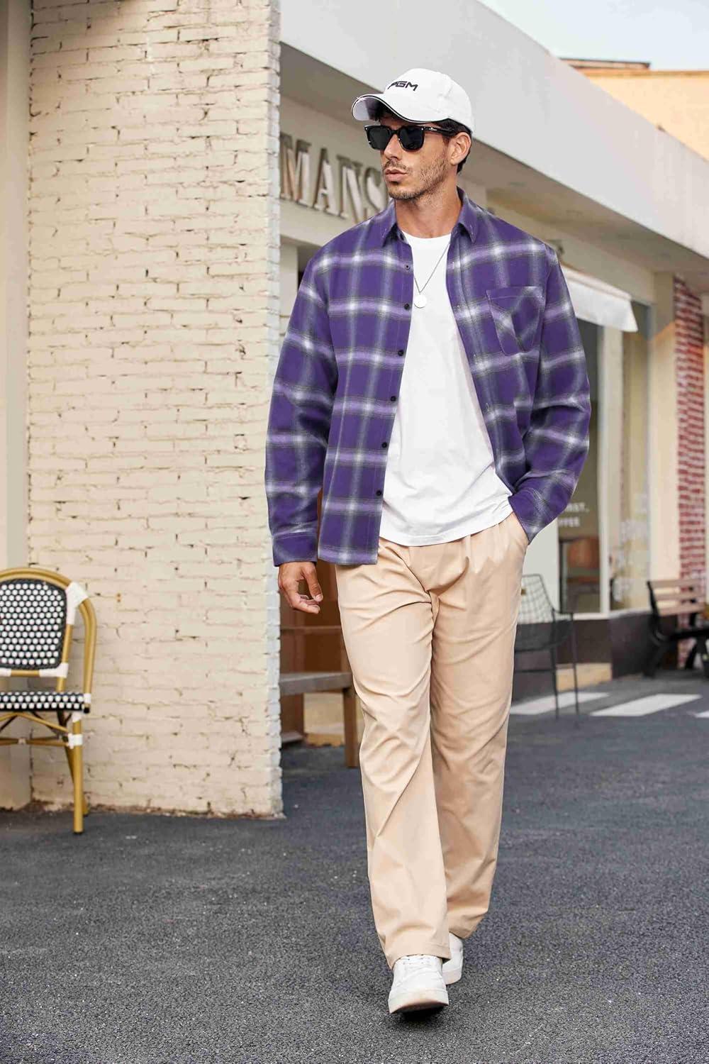 imageCOOFANDY Mens Flannel Shirts Long Sleeve Plaid Button Down Shirt Casual Cotton Shirt with PocketPlaid Purple