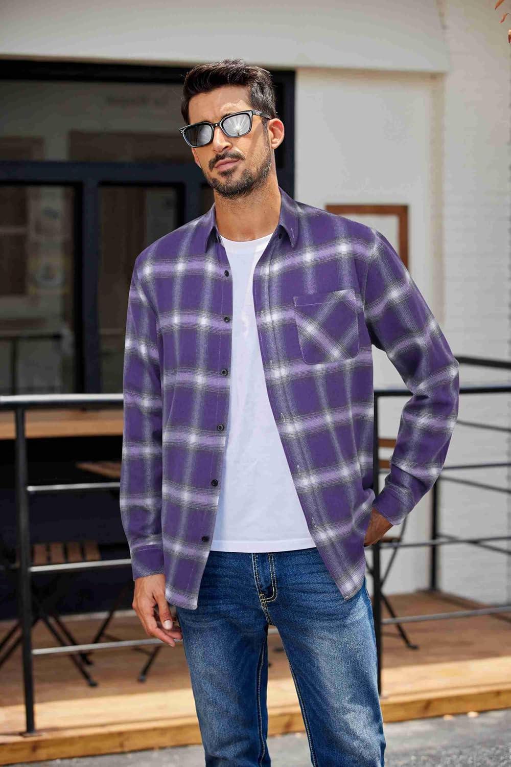 imageCOOFANDY Mens Flannel Shirts Long Sleeve Plaid Button Down Shirt Casual Cotton Shirt with PocketPlaid Purple