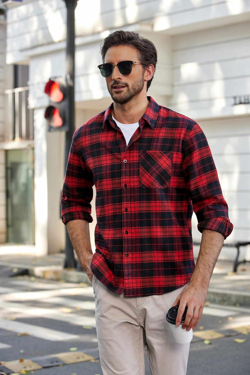 imageCOOFANDY Mens Flannel Shirts Long Sleeve Plaid Button Down Shirt Casual Cotton Shirt with PocketPlaid Redblack