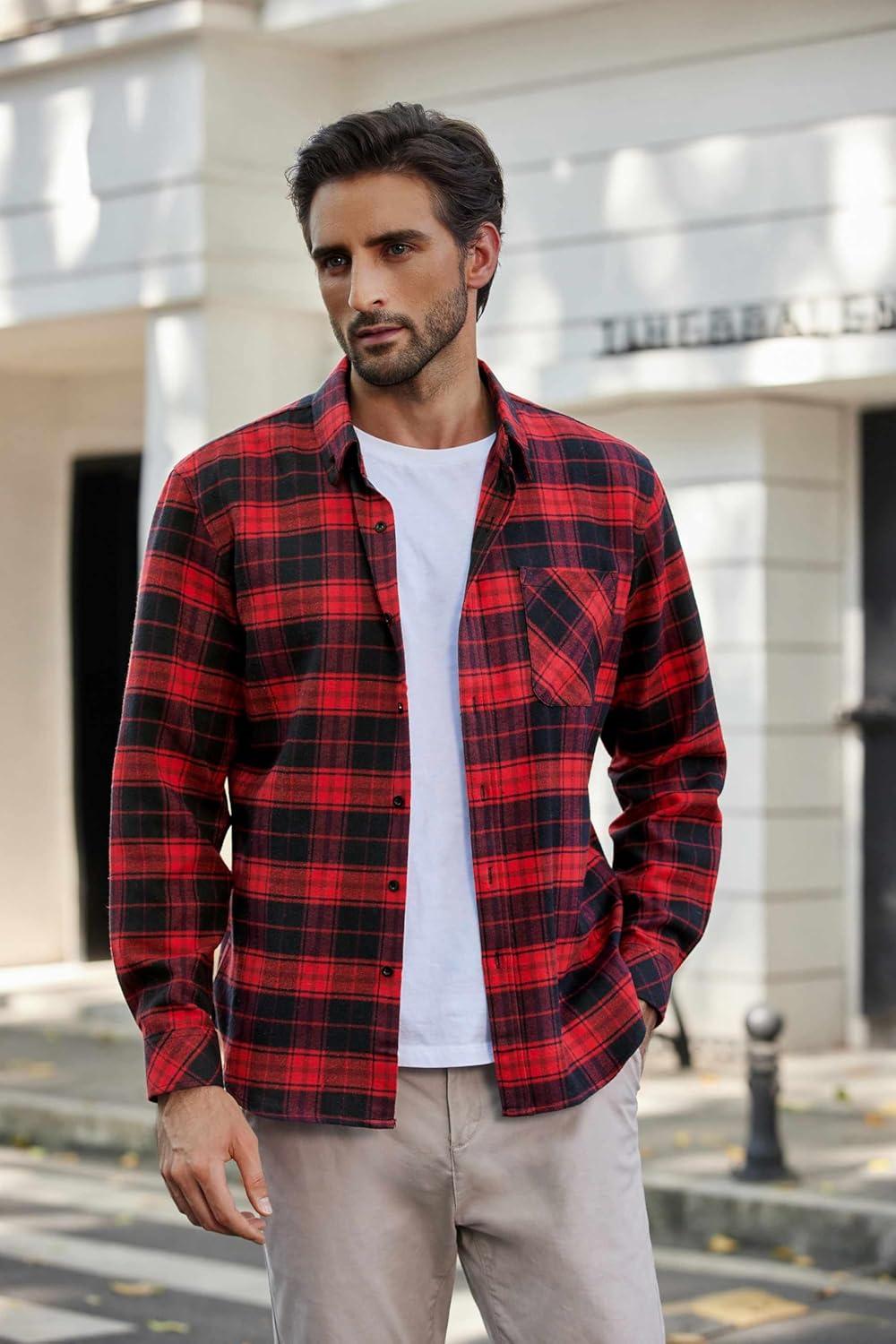 imageCOOFANDY Mens Flannel Shirts Long Sleeve Plaid Button Down Shirt Casual Cotton Shirt with PocketPlaid Redblack