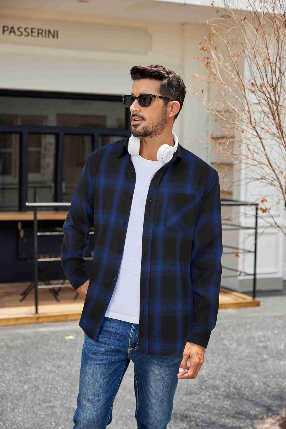 imageCOOFANDY Mens Flannel Shirts Long Sleeve Plaid Button Down Shirt Casual Cotton Shirt with PocketPlaid Royal Blueblack