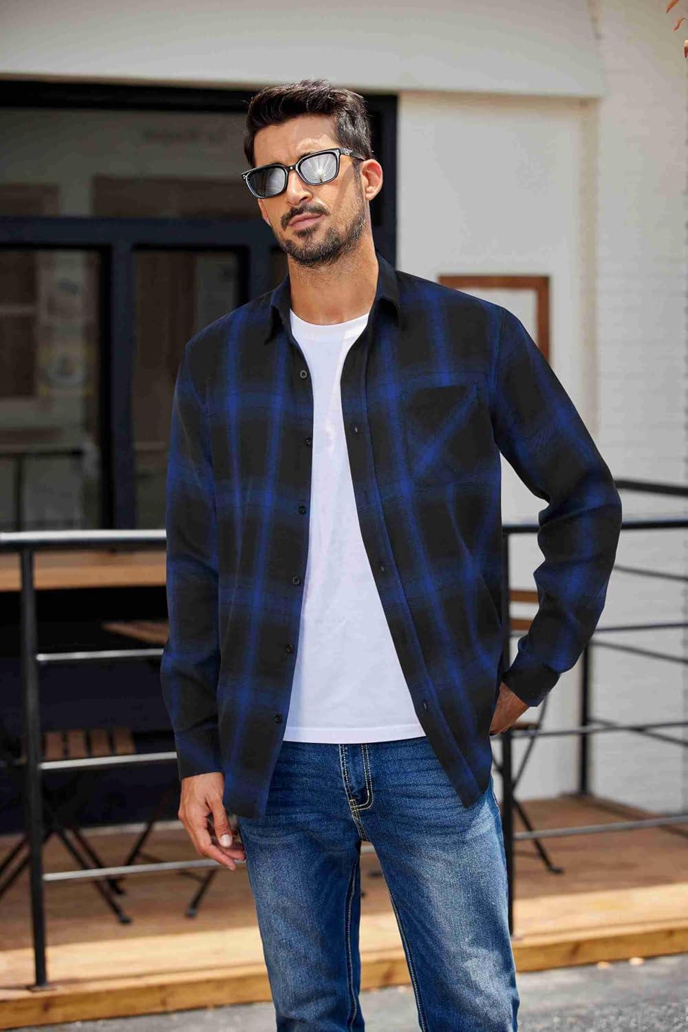 imageCOOFANDY Mens Flannel Shirts Long Sleeve Plaid Button Down Shirt Casual Cotton Shirt with PocketPlaid Royal Blueblack