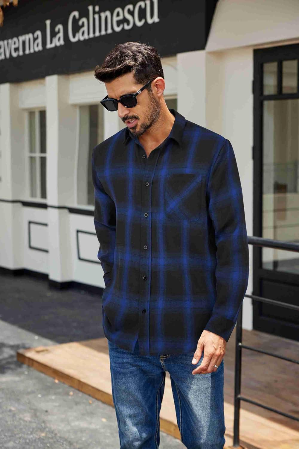 imageCOOFANDY Mens Flannel Shirts Long Sleeve Plaid Button Down Shirt Casual Cotton Shirt with PocketPlaid Royal Blueblack