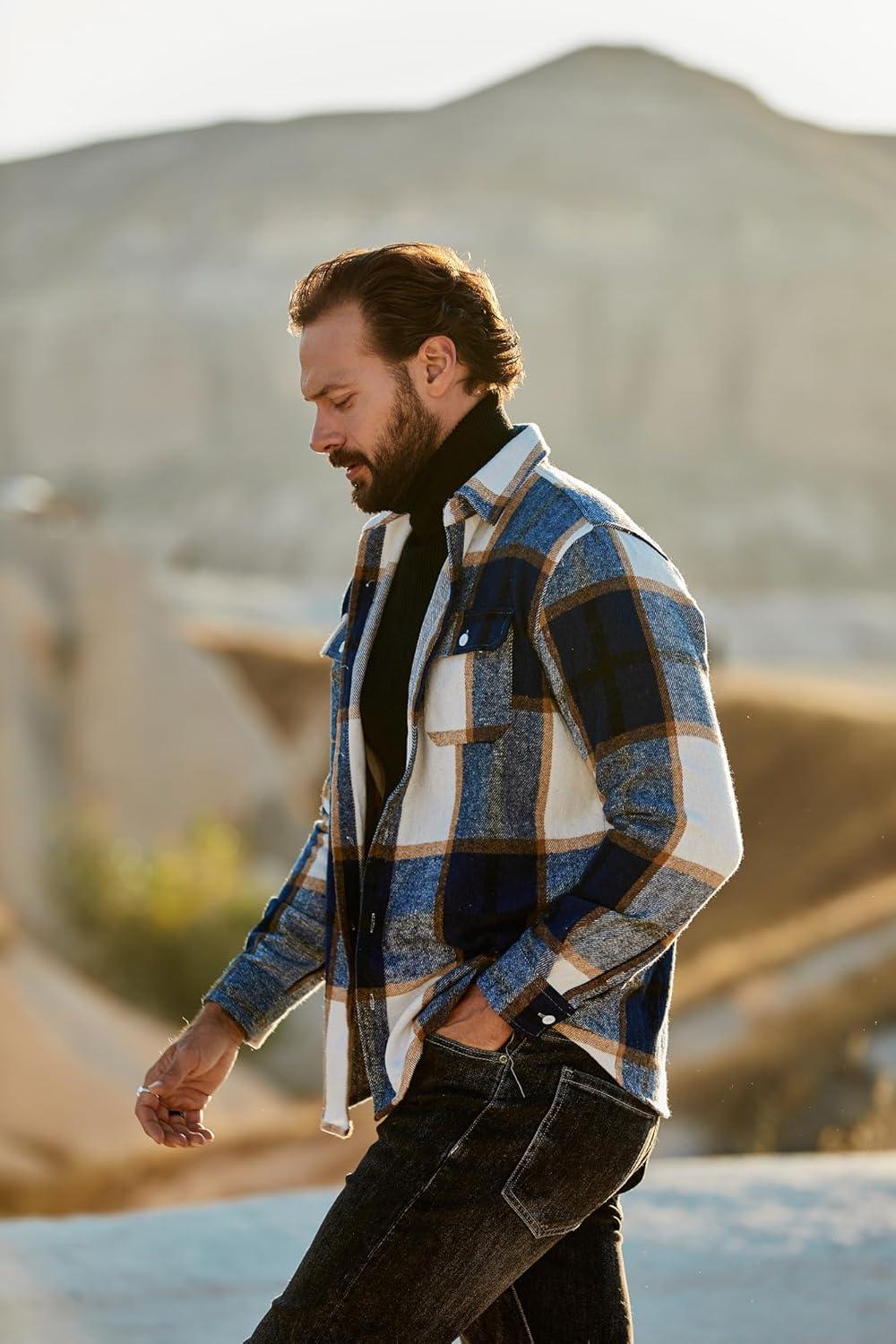 imageCOOFANDY Mens Flannel Shirts Long Sleeve Plaid Shirt Jacket Button Down Shirt with Pockets