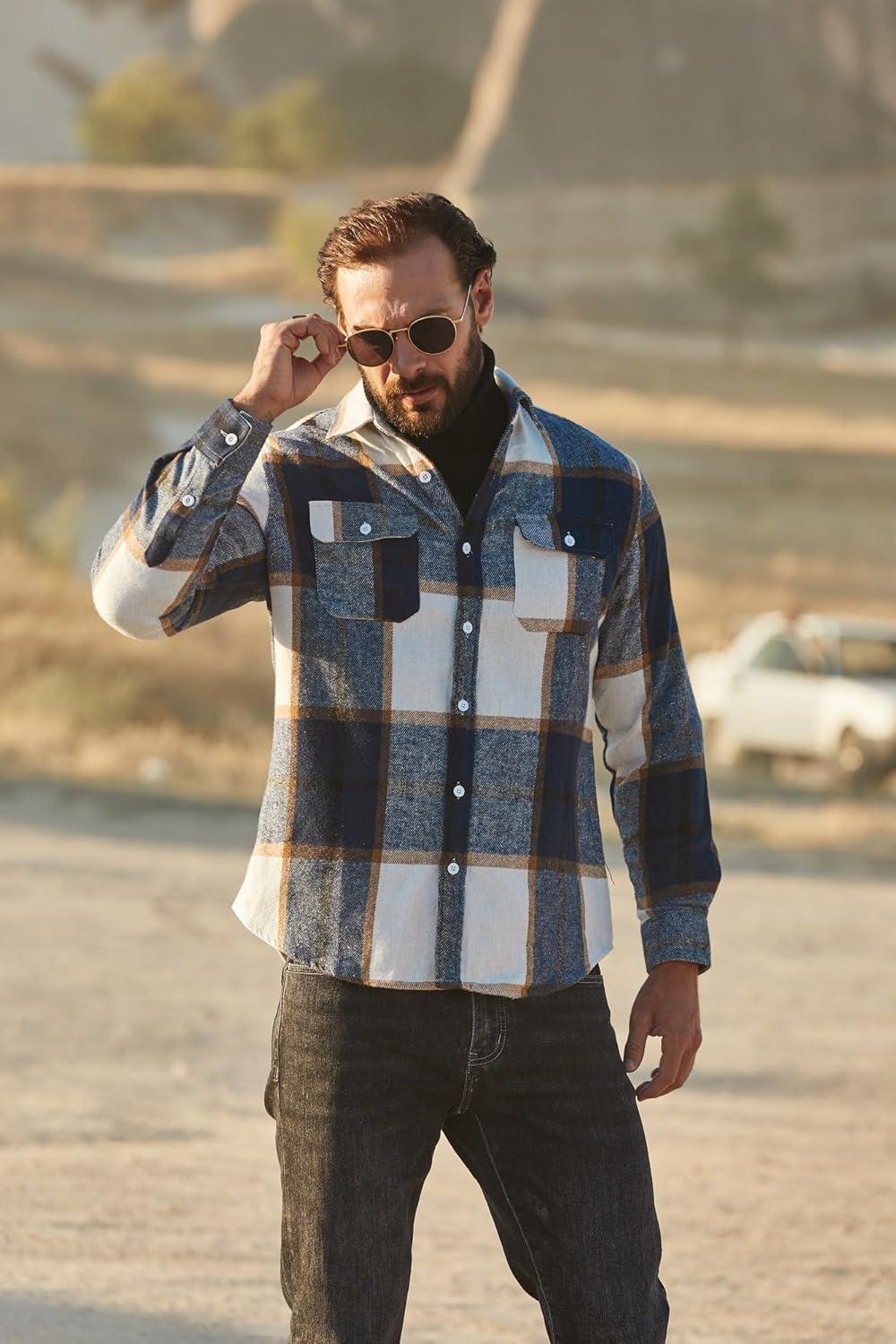 imageCOOFANDY Mens Flannel Shirts Long Sleeve Plaid Shirt Jacket Button Down Shirt with Pockets