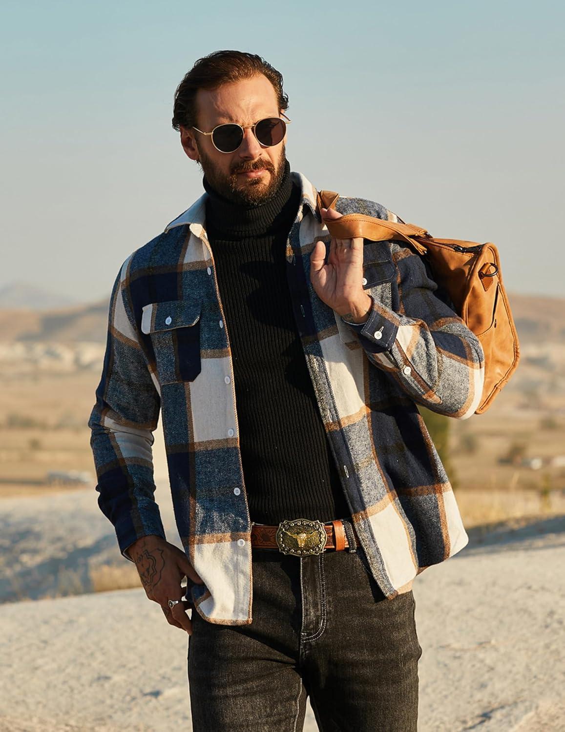 imageCOOFANDY Mens Flannel Shirts Long Sleeve Plaid Shirt Jacket Button Down Shirt with Pockets