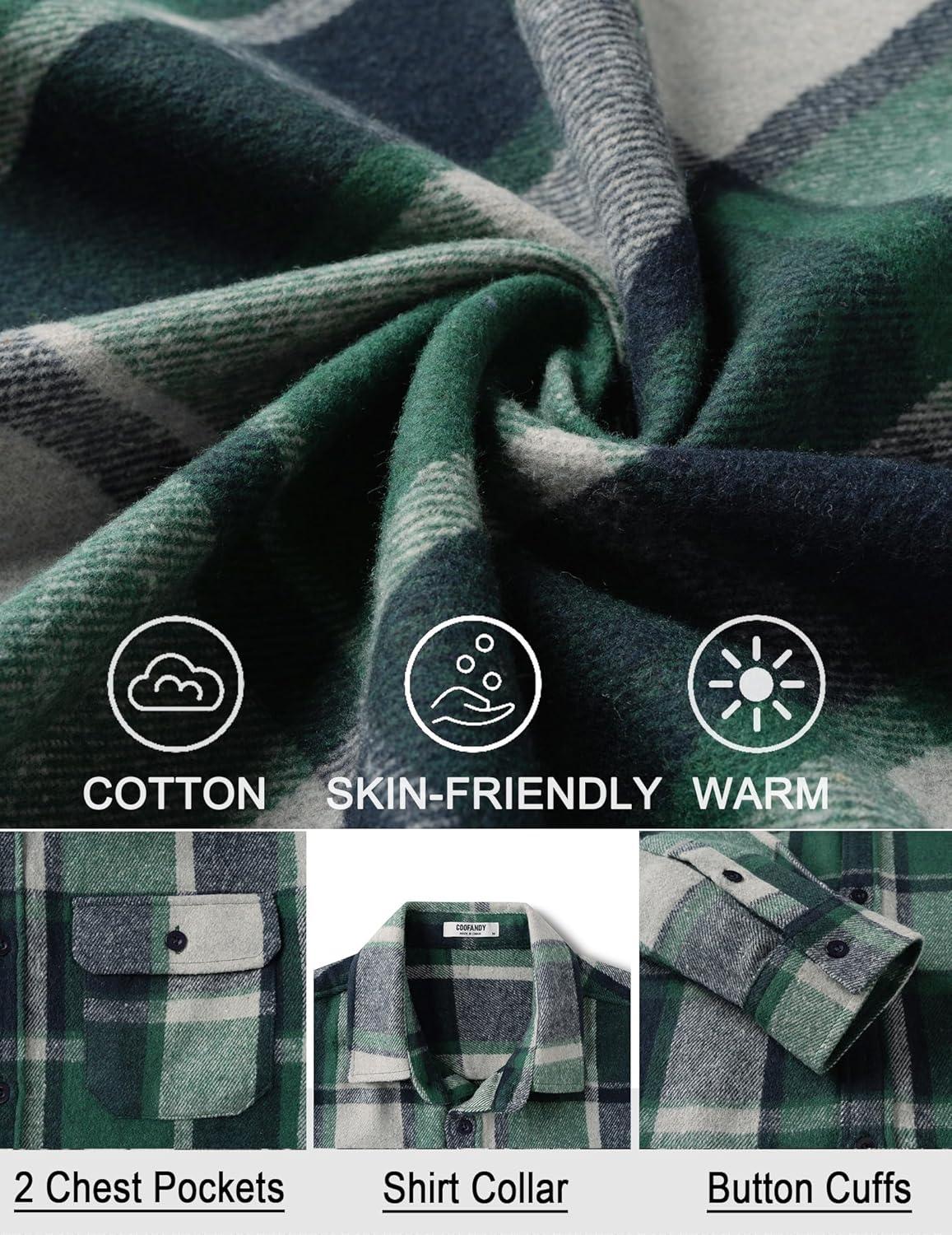 imageCOOFANDY Mens Flannel Shirts Long Sleeve Plaid Shirt Jacket Button Down Shirt with PocketsGreen