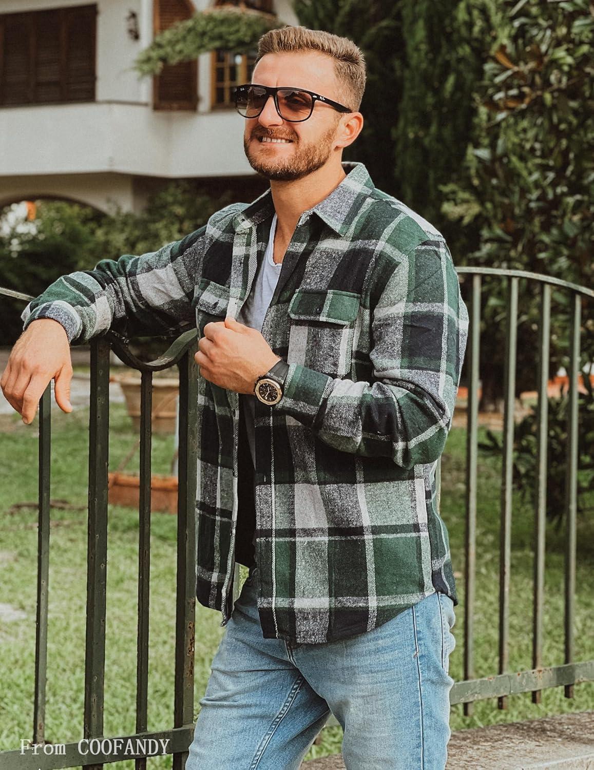 imageCOOFANDY Mens Flannel Shirts Long Sleeve Plaid Shirt Jacket Button Down Shirt with PocketsGreen