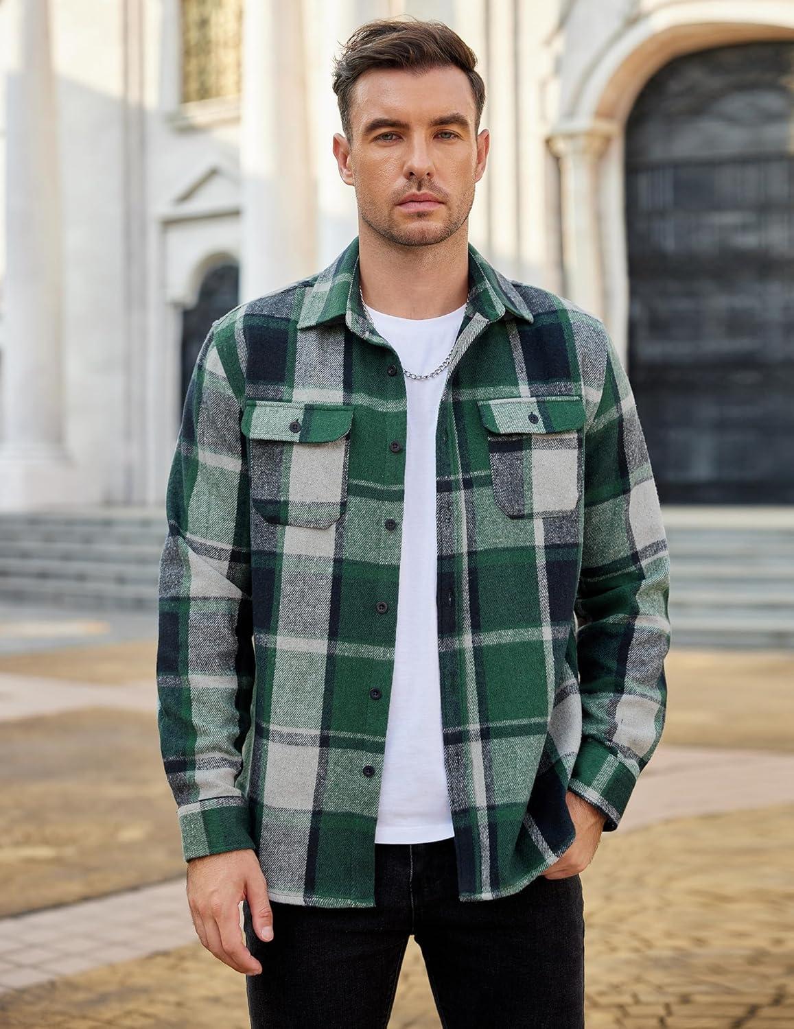 imageCOOFANDY Mens Flannel Shirts Long Sleeve Plaid Shirt Jacket Button Down Shirt with PocketsGreen