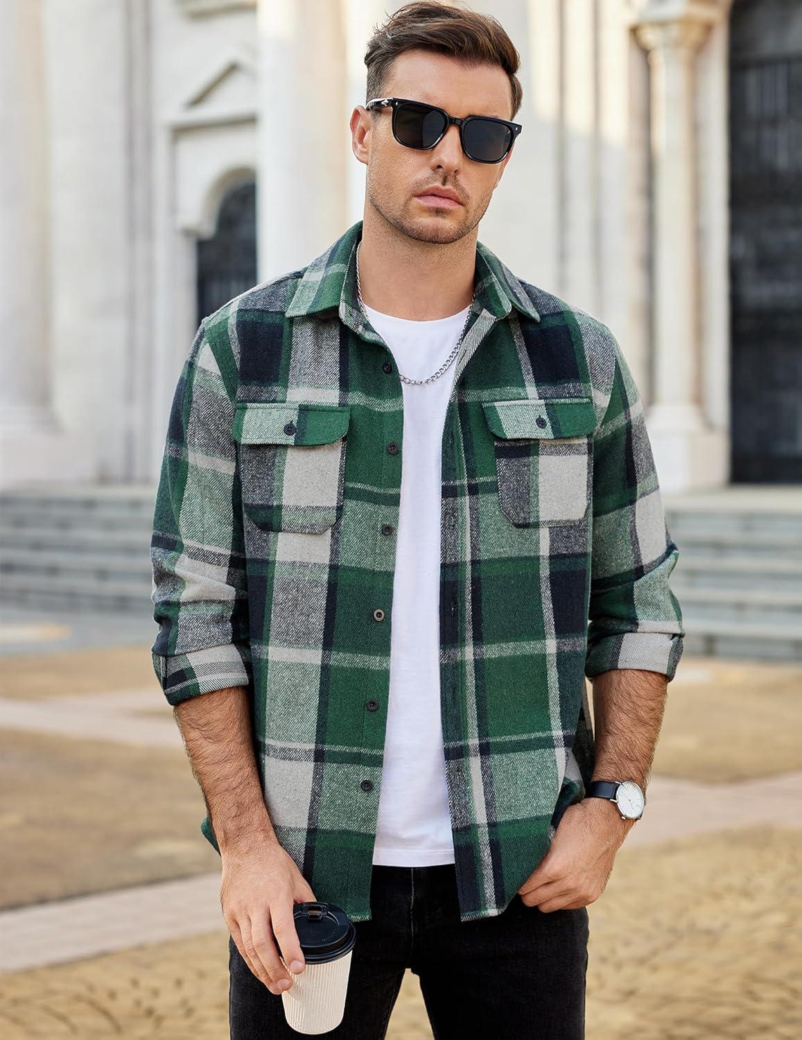 imageCOOFANDY Mens Flannel Shirts Long Sleeve Plaid Shirt Jacket Button Down Shirt with PocketsGreen