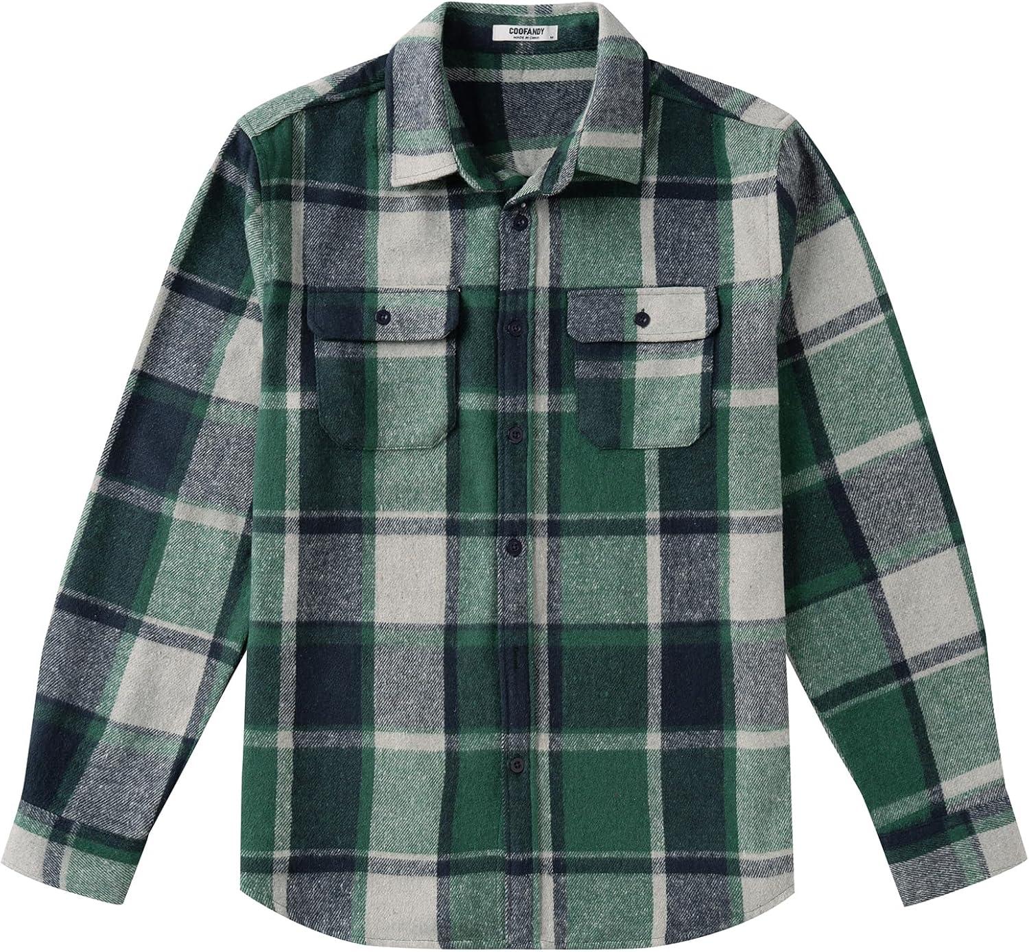 imageCOOFANDY Mens Flannel Shirts Long Sleeve Plaid Shirt Jacket Button Down Shirt with PocketsGreen