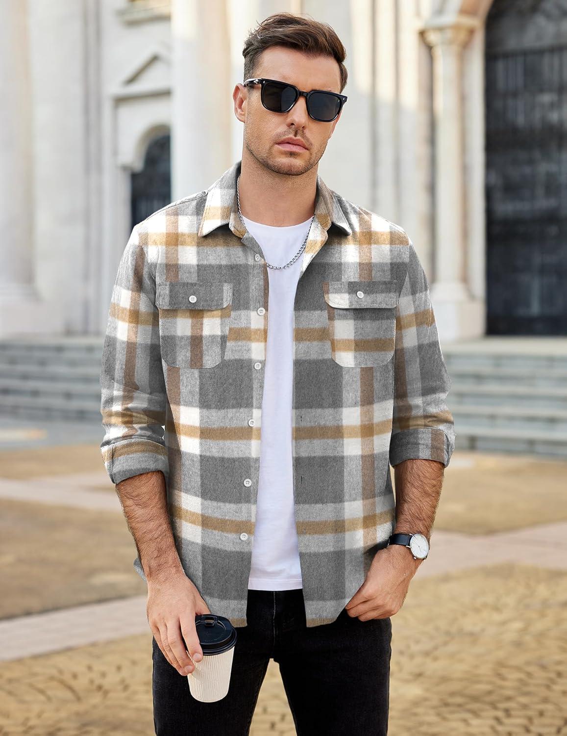 imageCOOFANDY Mens Flannel Shirts Long Sleeve Plaid Shirt Jacket Button Down Shirt with PocketsLight Khaki