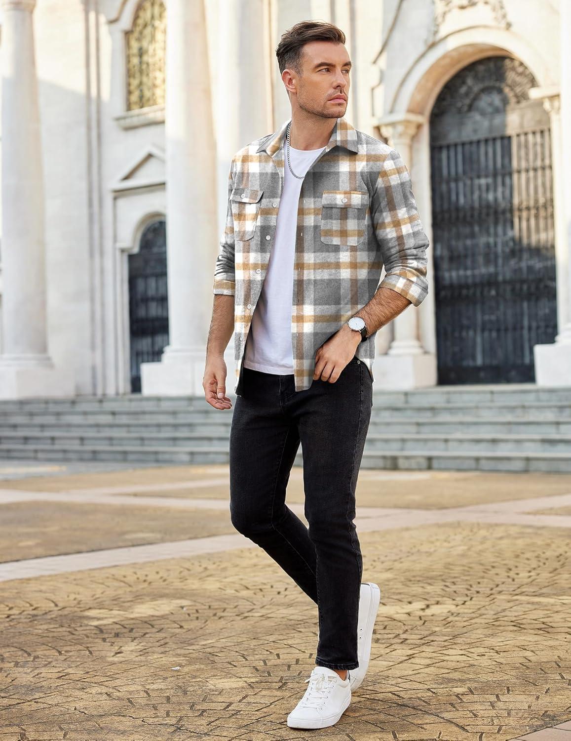 imageCOOFANDY Mens Flannel Shirts Long Sleeve Plaid Shirt Jacket Button Down Shirt with PocketsLight Khaki