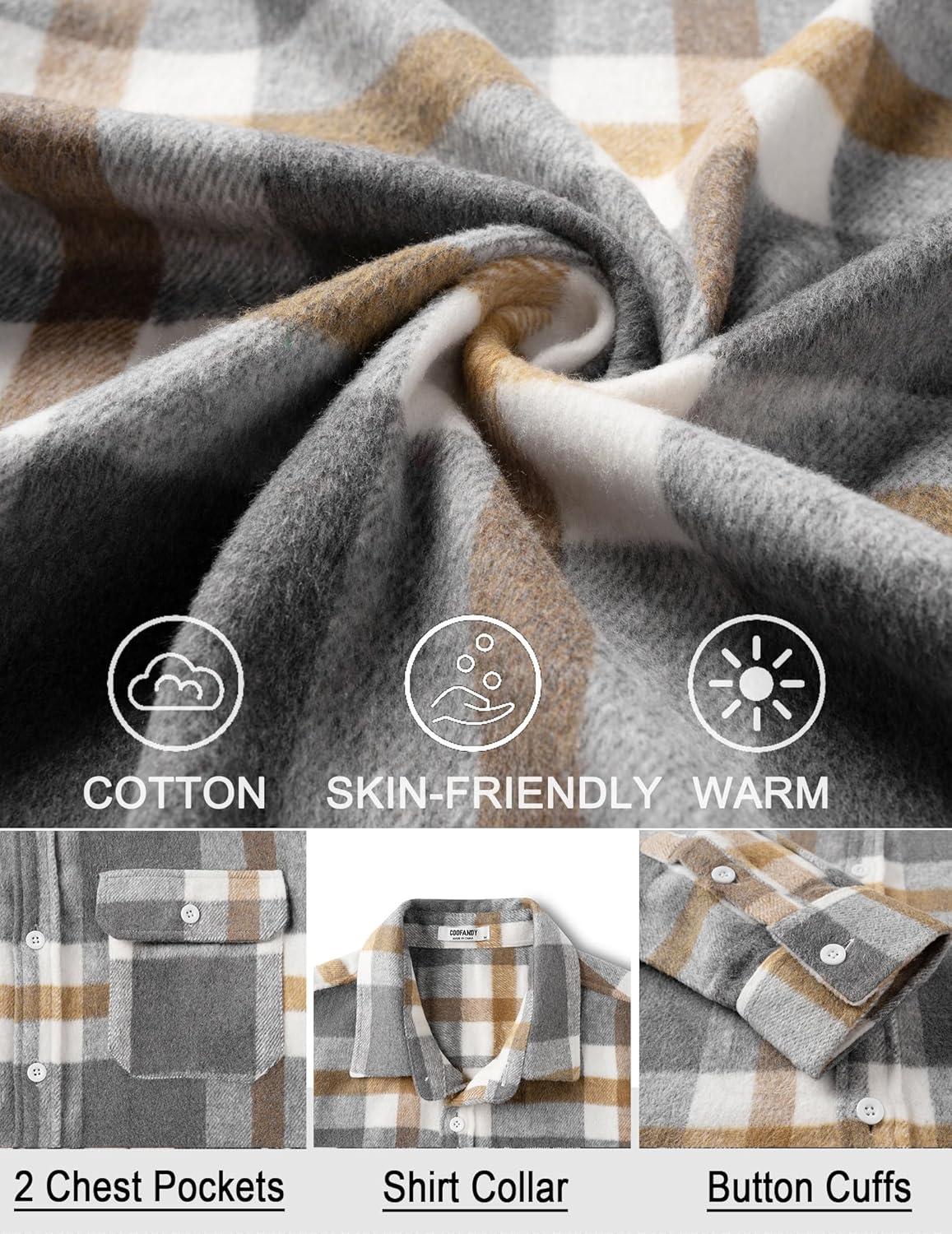 imageCOOFANDY Mens Flannel Shirts Long Sleeve Plaid Shirt Jacket Button Down Shirt with PocketsLight Khaki