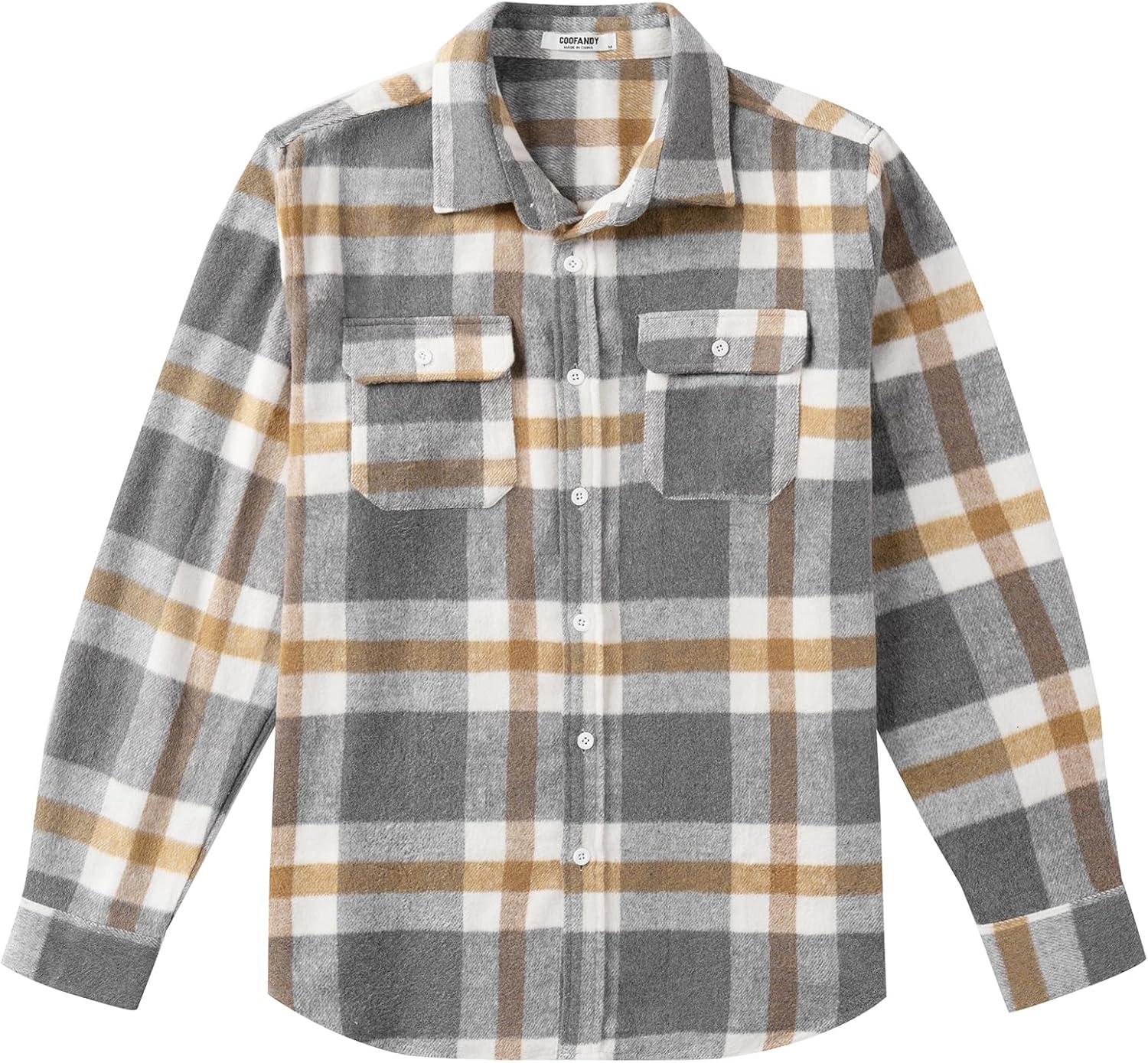 imageCOOFANDY Mens Flannel Shirts Long Sleeve Plaid Shirt Jacket Button Down Shirt with PocketsLight Khaki