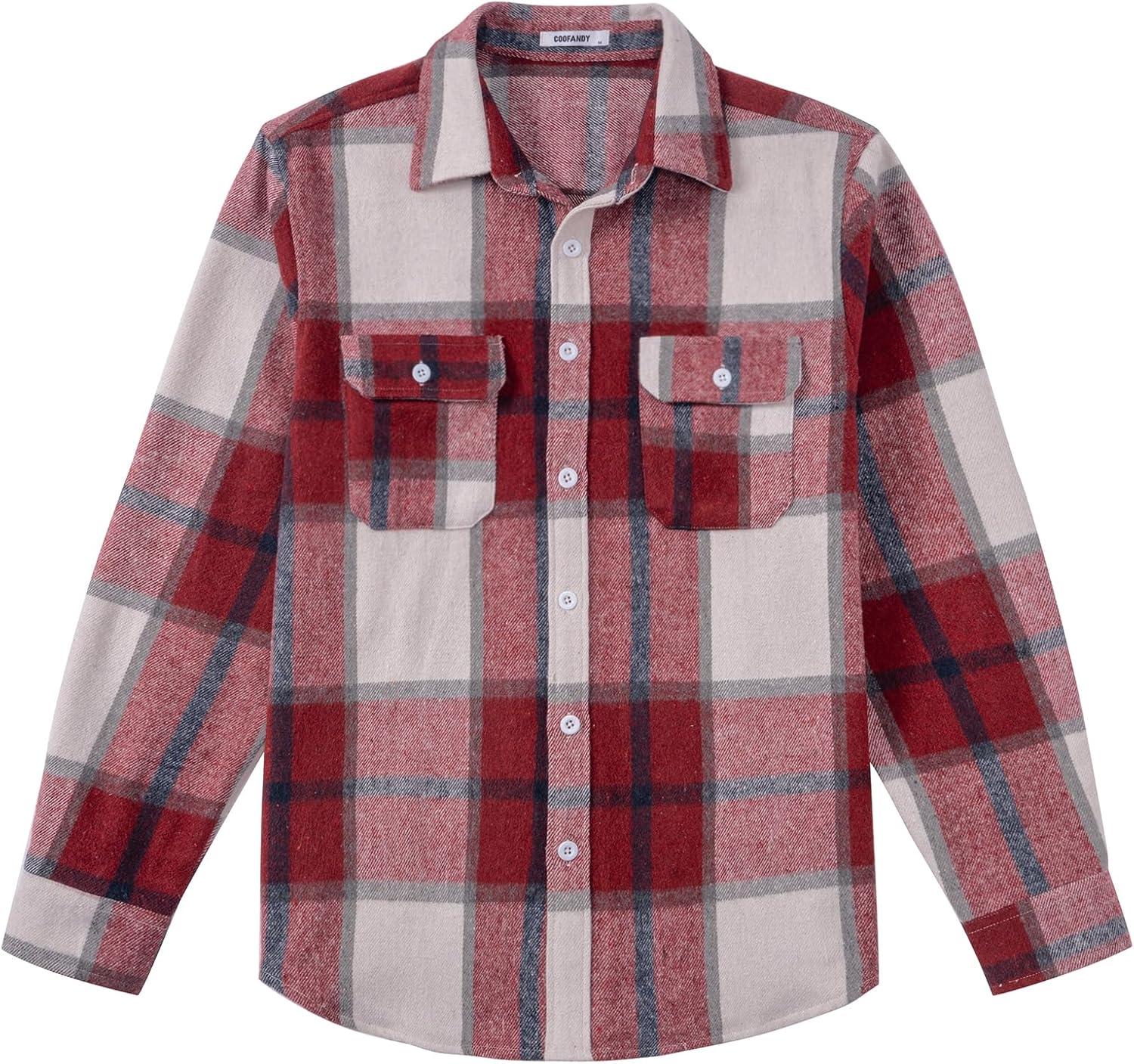 imageCOOFANDY Mens Flannel Shirts Long Sleeve Plaid Shirt Jacket Button Down Shirt with PocketsWine Red