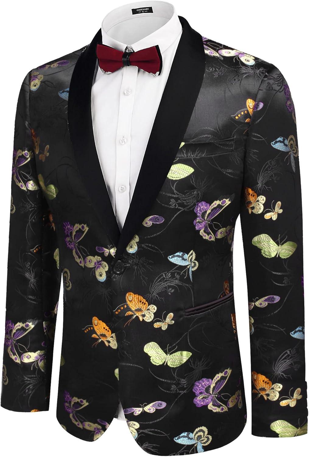 imageCOOFANDY Mens Floral Tuxedo Jacket Luxury Embroidered Stylish Suit Blazer Jacket for Wedding Party DinnerBlackbutterfly