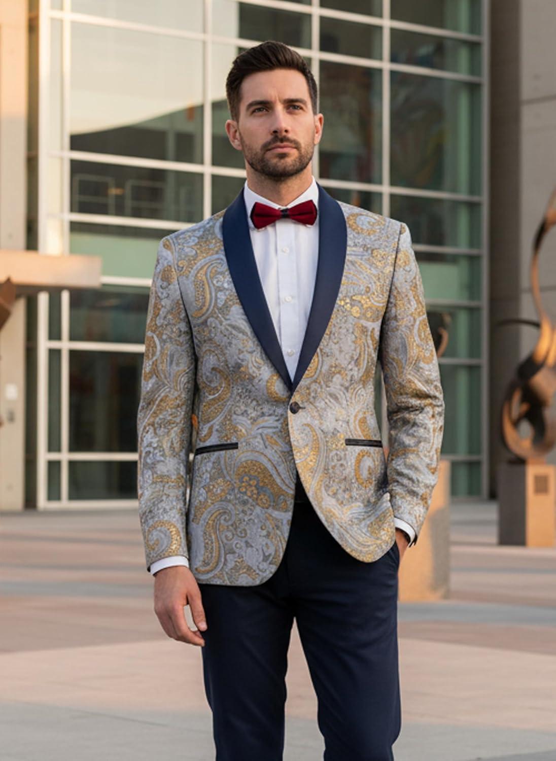 imageCOOFANDY Mens Floral Tuxedo Jacket Luxury Embroidered Wedding Blazer Dress Suit for Party DinnerGrey