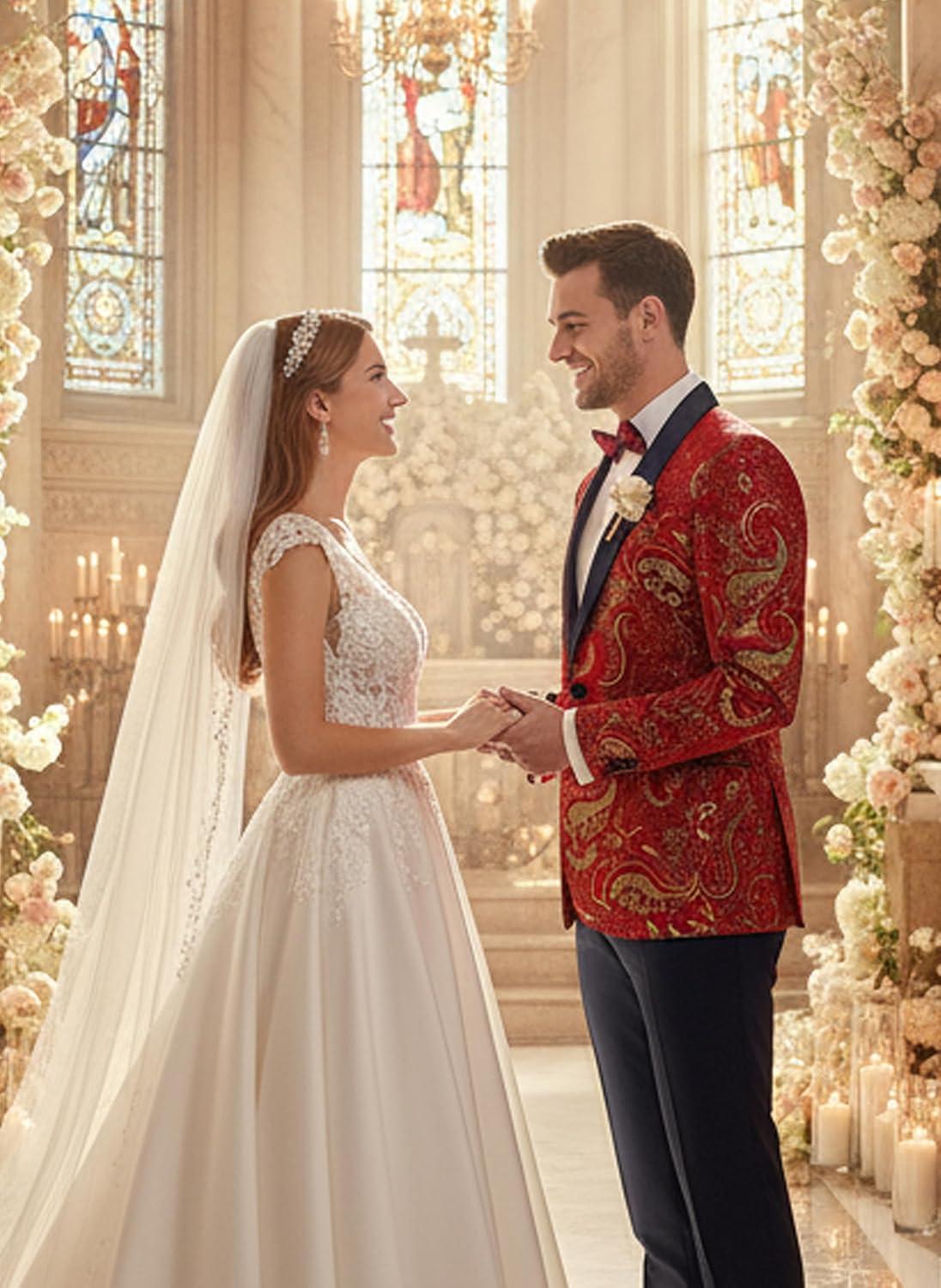 imageCOOFANDY Mens Floral Tuxedo Jacket Luxury Embroidered Wedding Blazer Dress Suit for Party DinnerRed