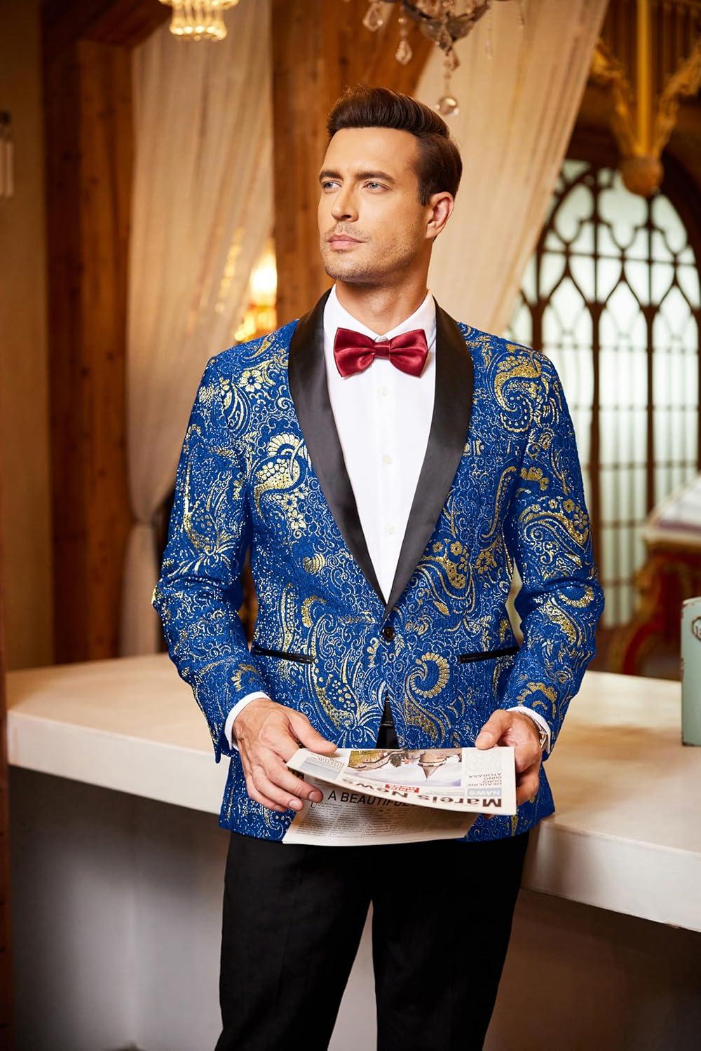 imageCOOFANDY Mens Floral Tuxedo Jacket Luxury Embroidered Wedding Blazer Dress Suit for Party DinnerRoyal Blue