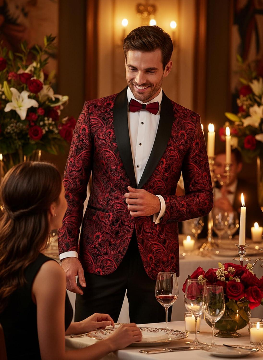 imageCOOFANDY Mens Floral Tuxedo Jacket Luxury Embroidered Wedding Blazer Dress Suit for Party DinnerWine Red