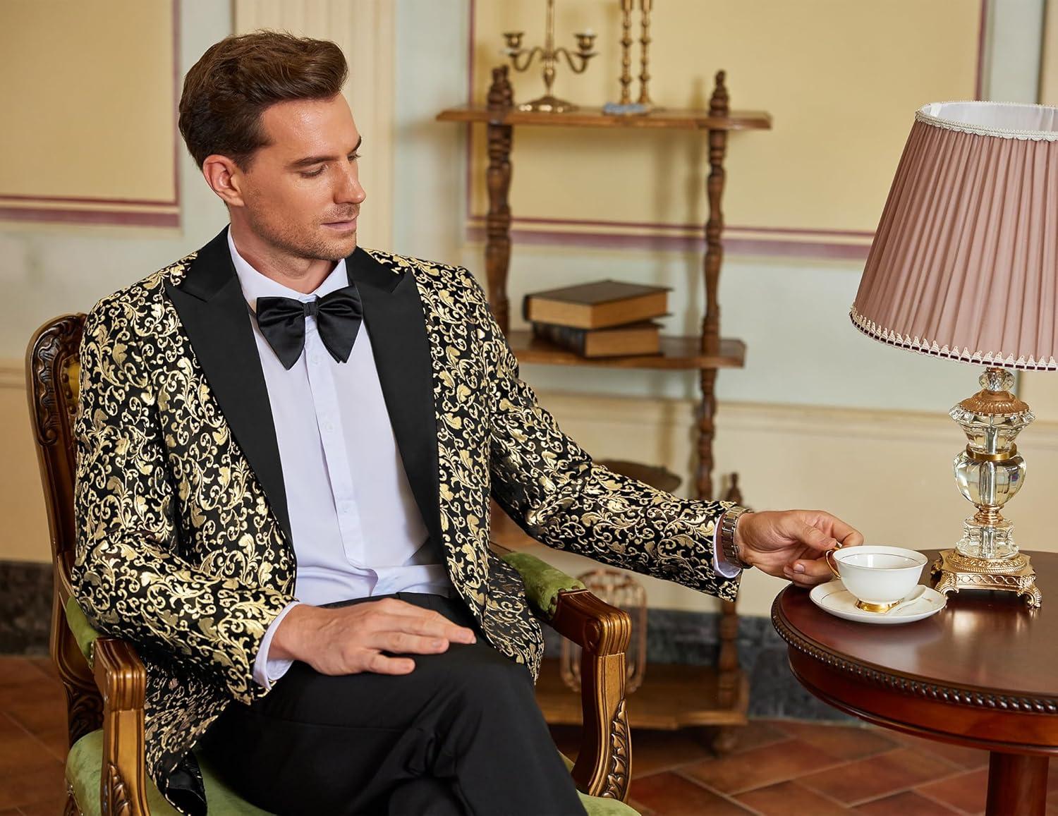 imageCOOFANDY Mens Floral Tuxedo One Button Luxury Shiny Blazer Dinner Party Prom Wedding Suit Jacket1 Golden Yellow