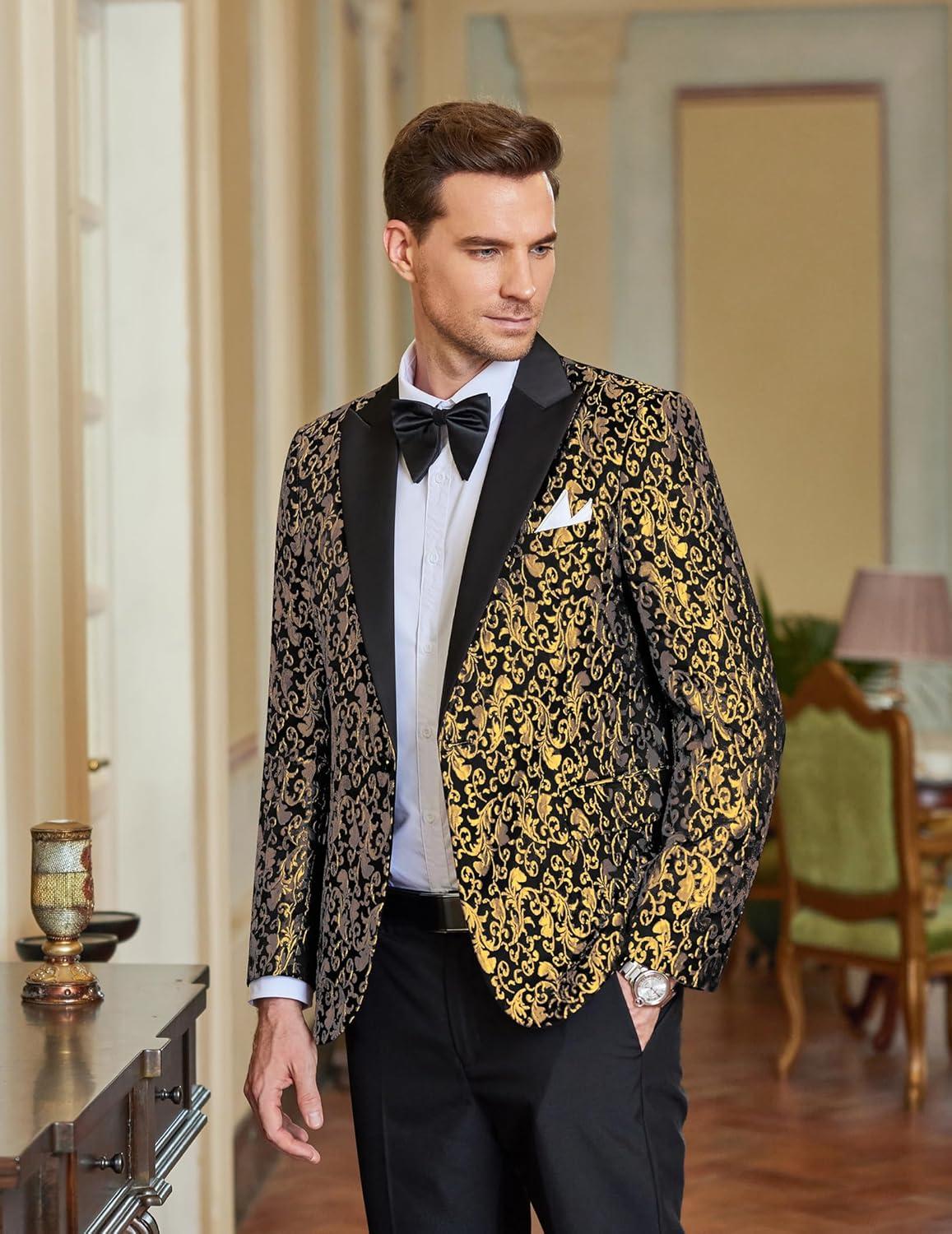 imageCOOFANDY Mens Floral Tuxedo One Button Luxury Shiny Blazer Dinner Party Prom Wedding Suit Jacket1 Golden Yellow