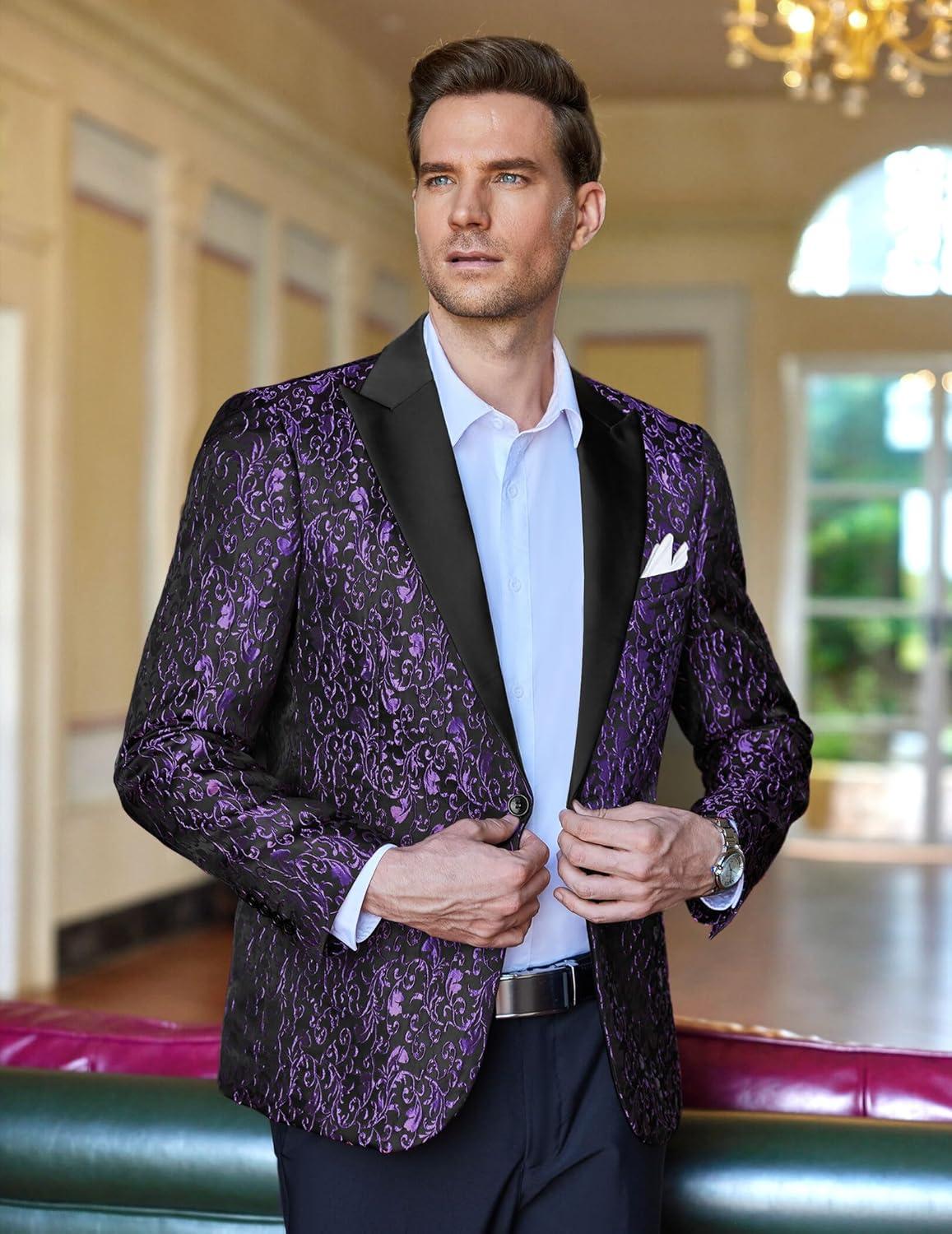 imageCOOFANDY Mens Floral Tuxedo One Button Luxury Shiny Blazer Dinner Party Prom Wedding Suit Jacket1 Purple