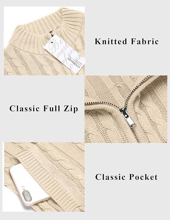 imageCOOFANDY Mens Full Zip Cardigan Sweater Slim Fit Cable Knitted Zip Up Sweater with PocketsBeige