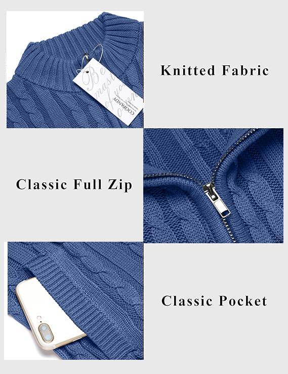 imageCOOFANDY Mens Full Zip Cardigan Sweater Slim Fit Cable Knitted Zip Up Sweater with PocketsDeep Blue