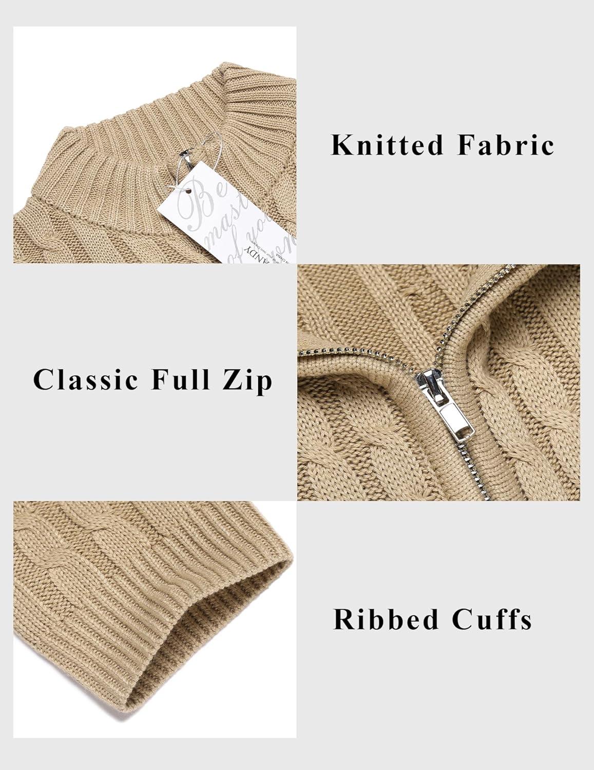 imageCOOFANDY Mens Full Zip Cardigan Sweater Slim Fit Cable Knitted Zip Up Sweater with PocketsKhaki