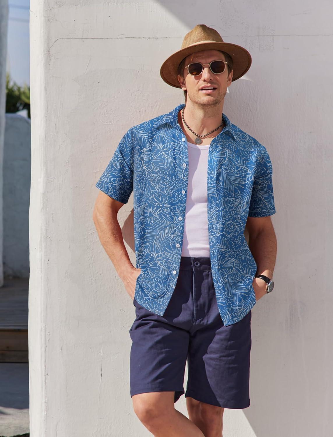 imageCOOFANDY Mens Hawaiian Shirt Short Sleeve Button Down Shirts Tropical Floral Summer Beach ShirtsBlue