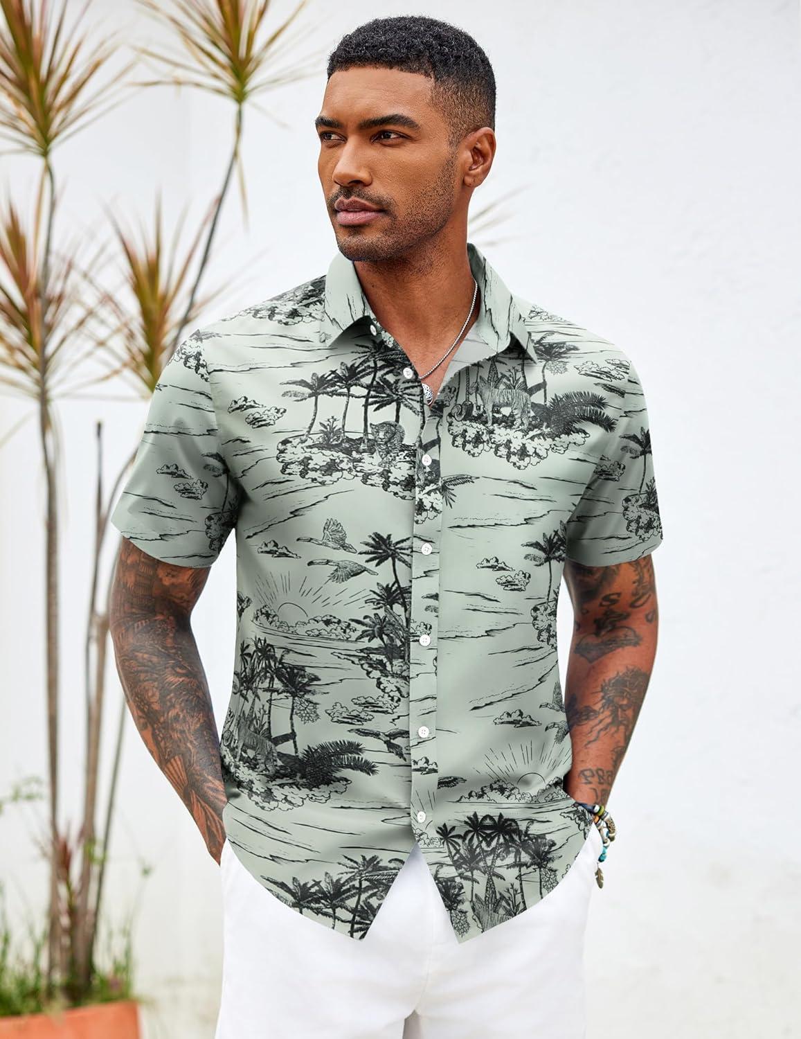 imageCOOFANDY Mens Hawaiian Shirt Short Sleeve Button Down Shirts Tropical Floral Summer Beach ShirtsCeladon Green Palm Tree
