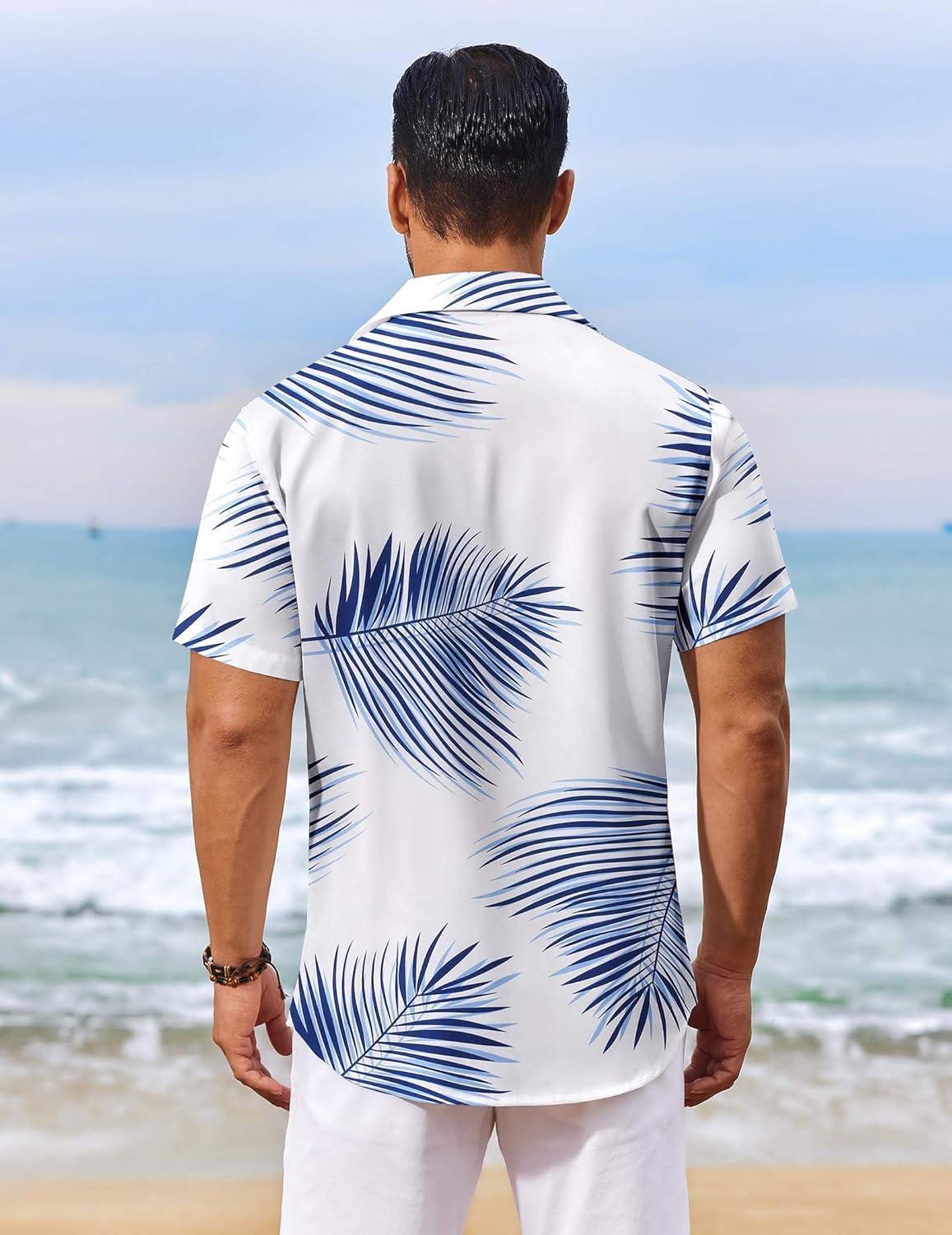 imageCOOFANDY Mens Hawaiian Shirt Short Sleeve Button Down Shirts Tropical Floral Summer Beach ShirtsWhite Blue Leaf