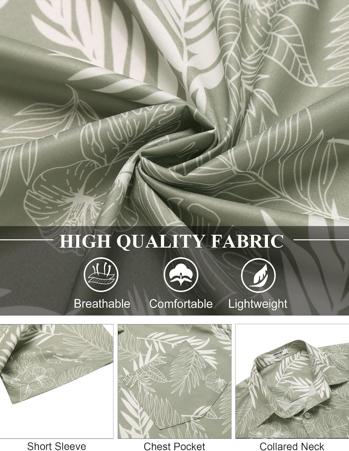 imageCOOFANDY Mens Hawaiian Shirt Short Sleeve Floral Button Down Shirts Tropical Holiday Beach ShirtsSage Green White Leaf