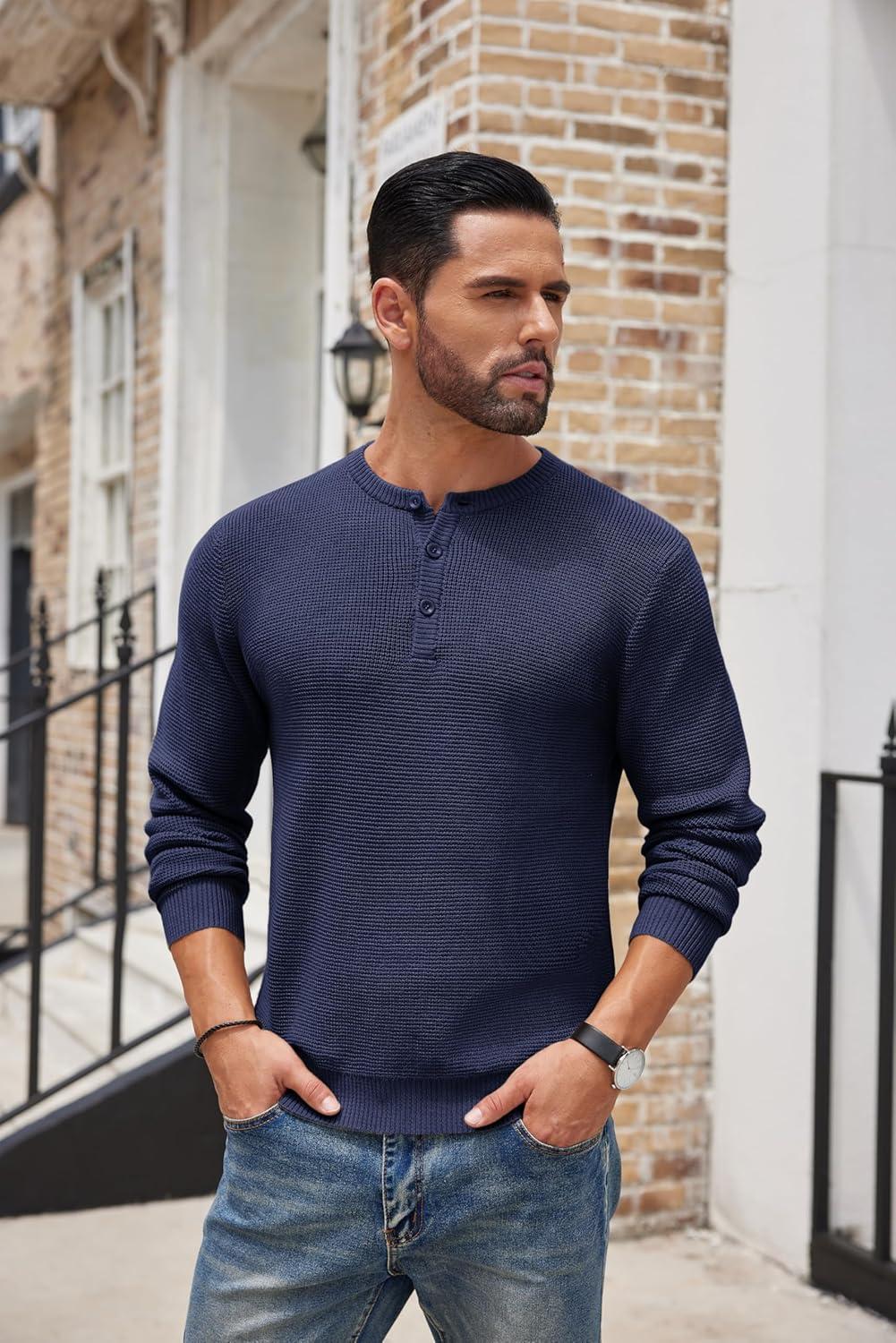imageCOOFANDY Mens Henley Knit Sweater Long Sleeve Button Pullover Sweater Casual Waffle Texture Fashion Henley SweaterNavy Blue