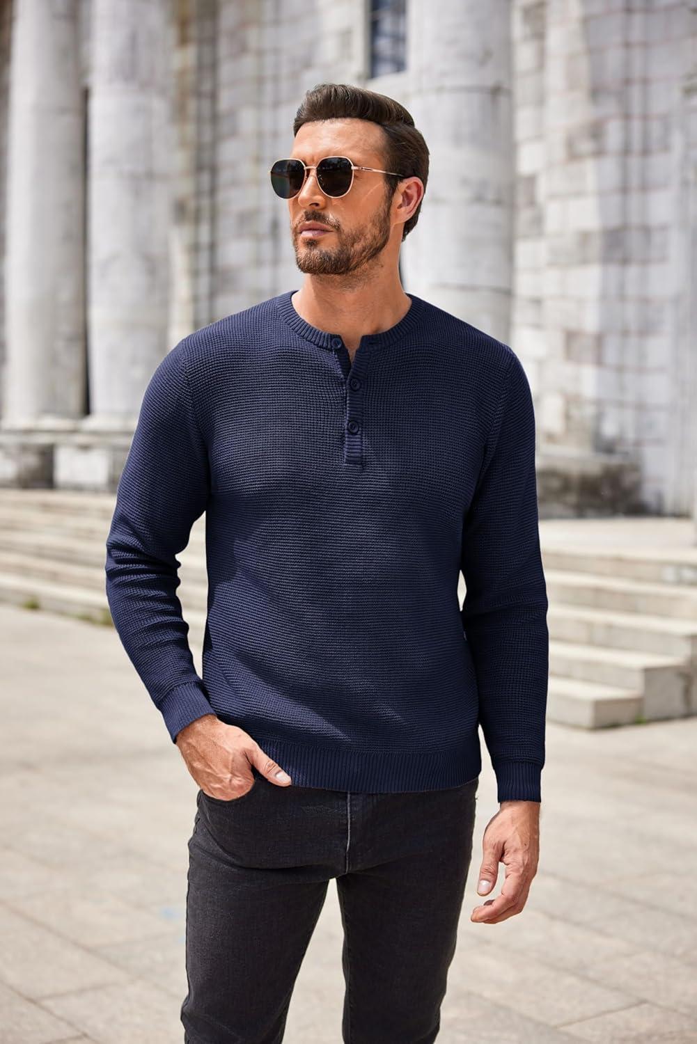 imageCOOFANDY Mens Henley Knit Sweater Long Sleeve Button Pullover Sweater Casual Waffle Texture Fashion Henley SweaterNavy Blue