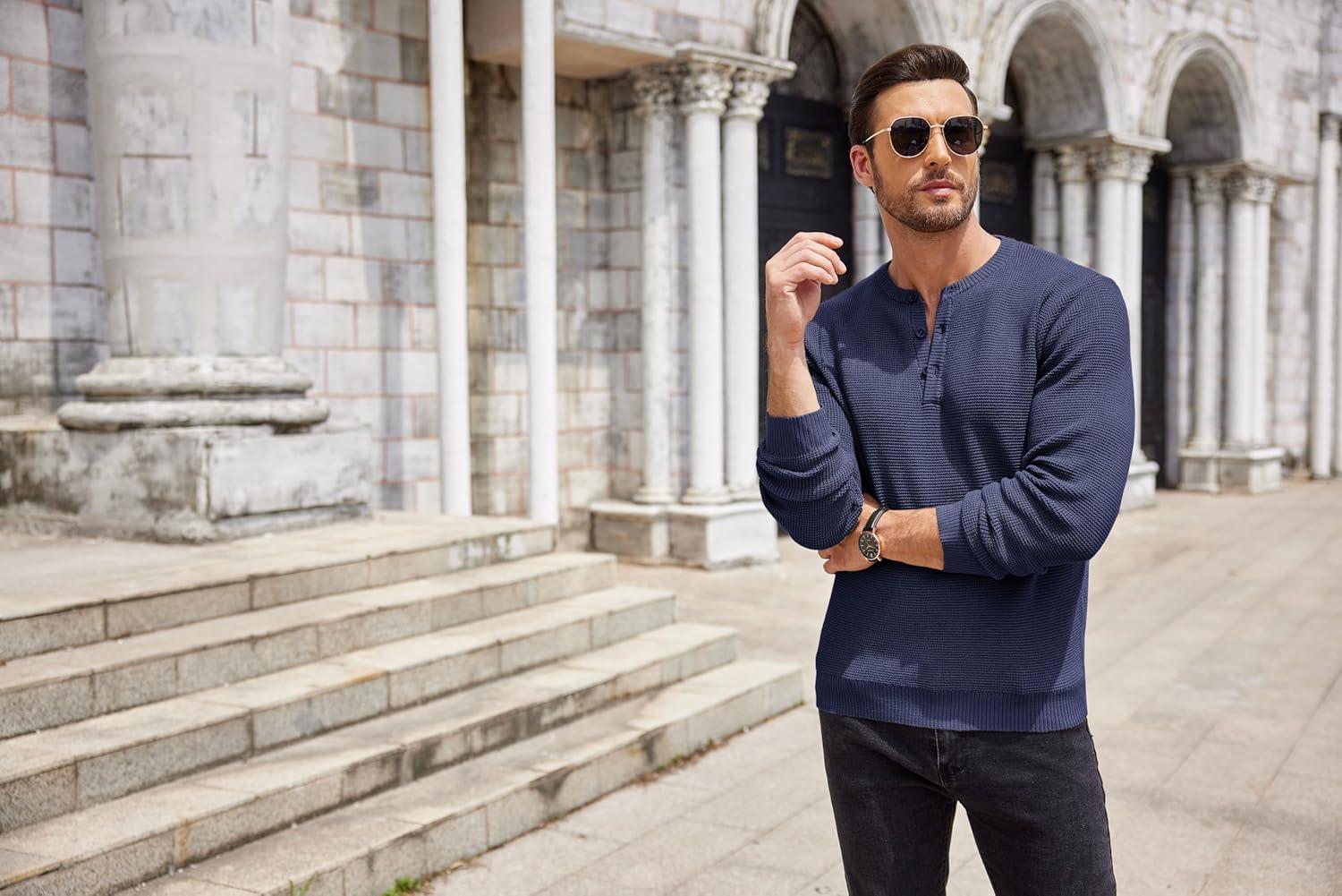 imageCOOFANDY Mens Henley Knit Sweater Long Sleeve Button Pullover Sweater Casual Waffle Texture Fashion Henley SweaterNavy Blue