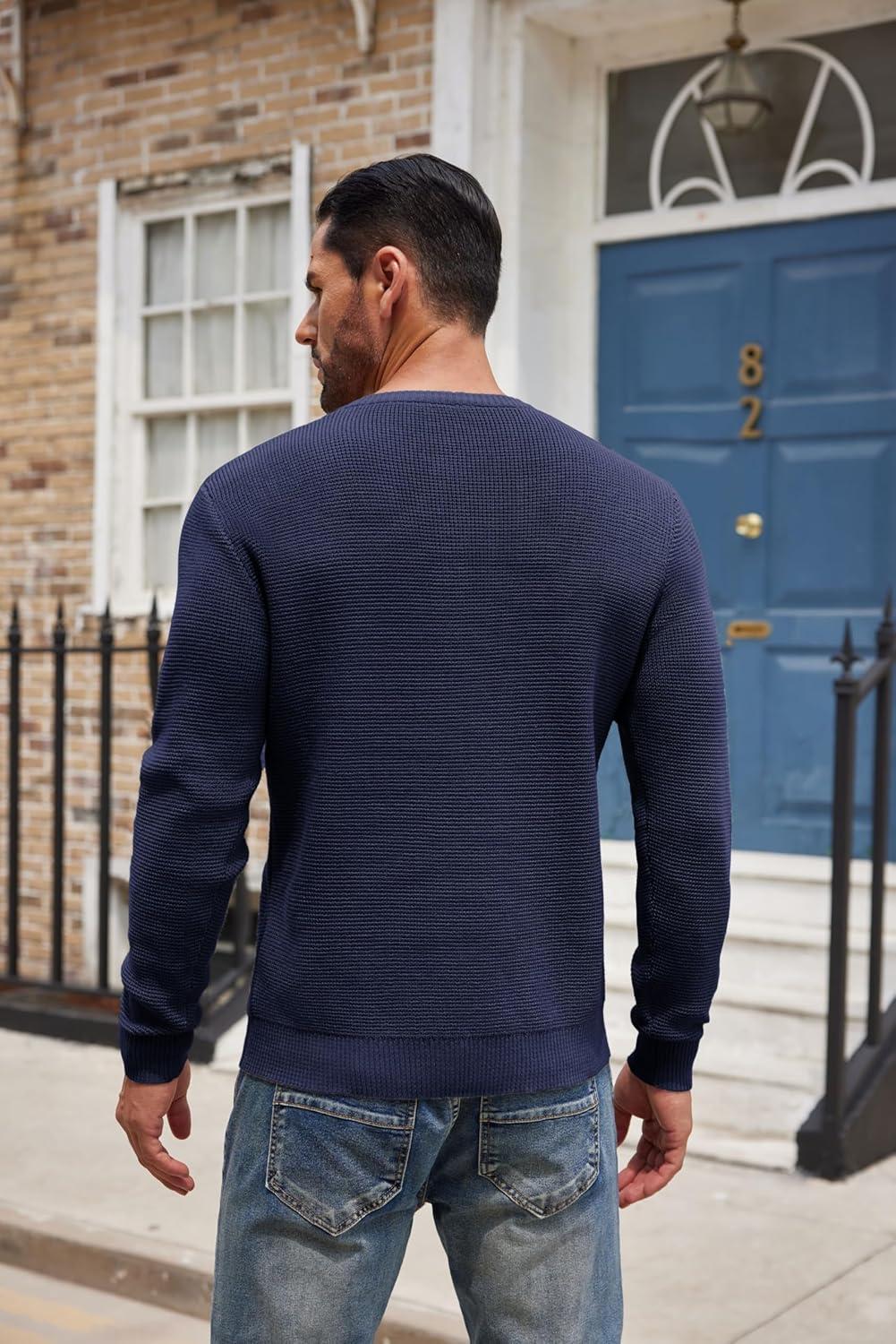 imageCOOFANDY Mens Henley Knit Sweater Long Sleeve Button Pullover Sweater Casual Waffle Texture Fashion Henley SweaterNavy Blue