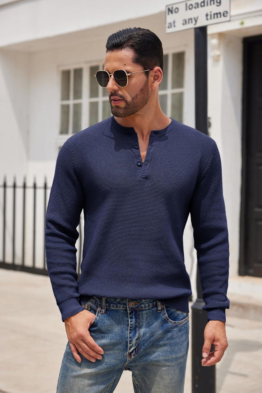 imageCOOFANDY Mens Henley Knit Sweater Long Sleeve Button Pullover Sweater Casual Waffle Texture Fashion Henley SweaterNavy Blue