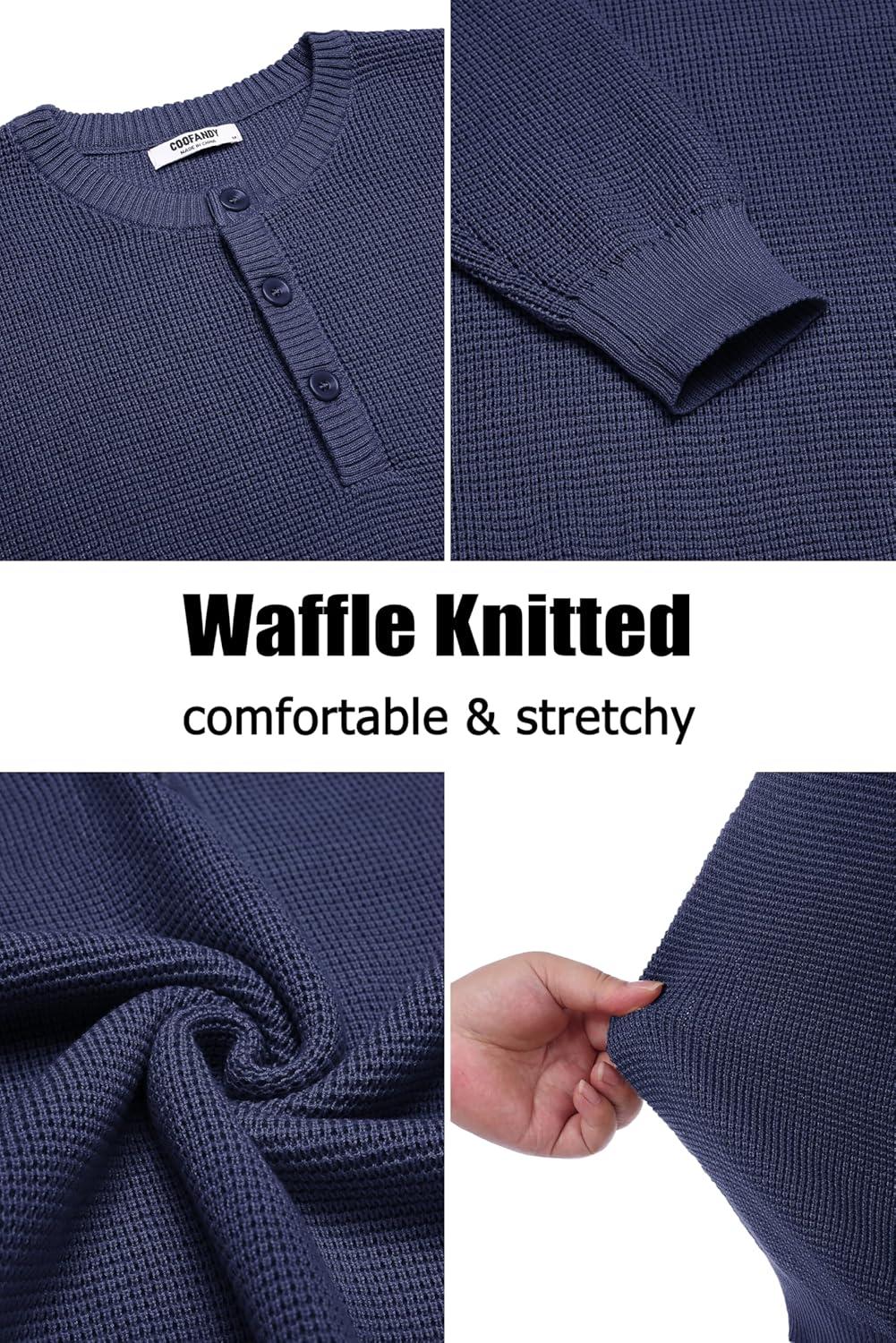 imageCOOFANDY Mens Henley Knit Sweater Long Sleeve Button Pullover Sweater Casual Waffle Texture Fashion Henley SweaterNavy Blue
