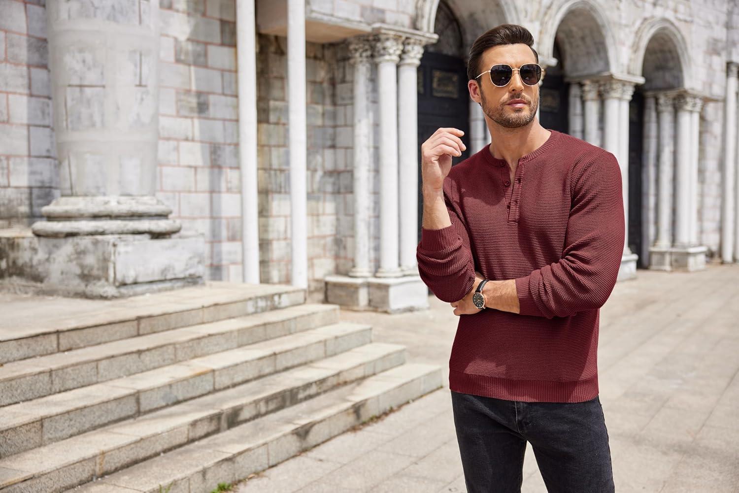 imageCOOFANDY Mens Henley Knit Sweater Long Sleeve Button Pullover Sweater Casual Waffle Texture Fashion Henley SweaterWine Red