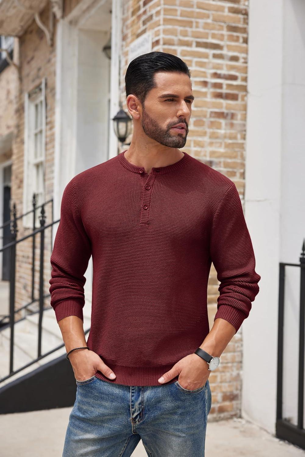 imageCOOFANDY Mens Henley Knit Sweater Long Sleeve Button Pullover Sweater Casual Waffle Texture Fashion Henley SweaterWine Red