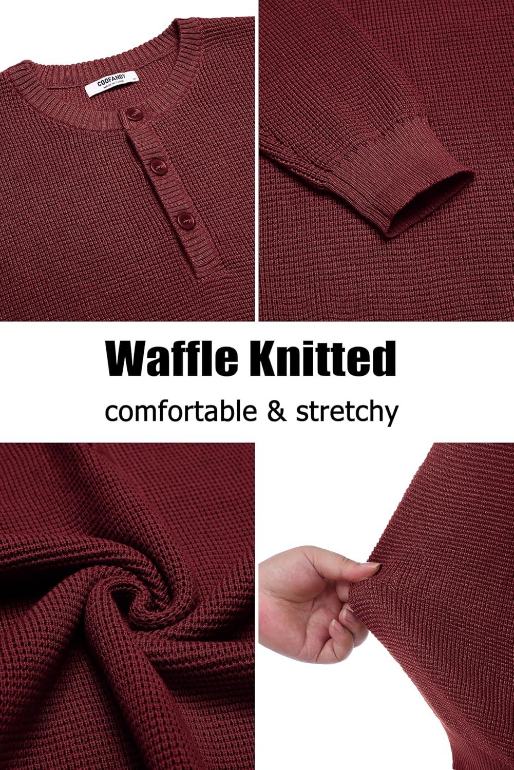 imageCOOFANDY Mens Henley Knit Sweater Long Sleeve Button Pullover Sweater Casual Waffle Texture Fashion Henley SweaterWine Red