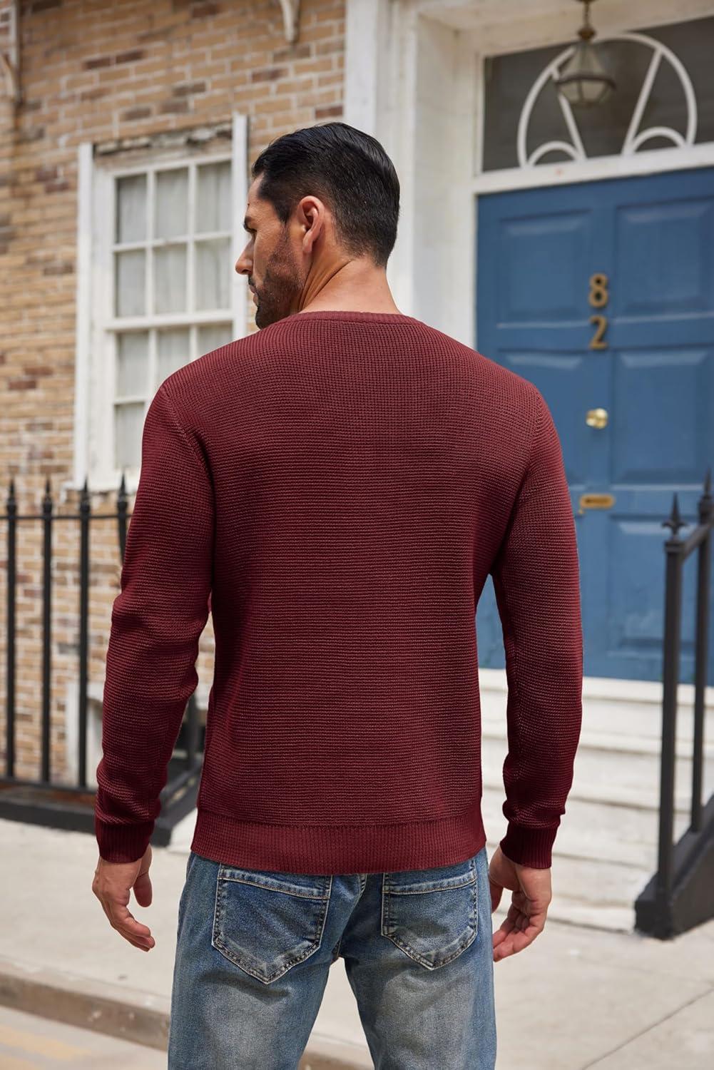 imageCOOFANDY Mens Henley Knit Sweater Long Sleeve Button Pullover Sweater Casual Waffle Texture Fashion Henley SweaterWine Red