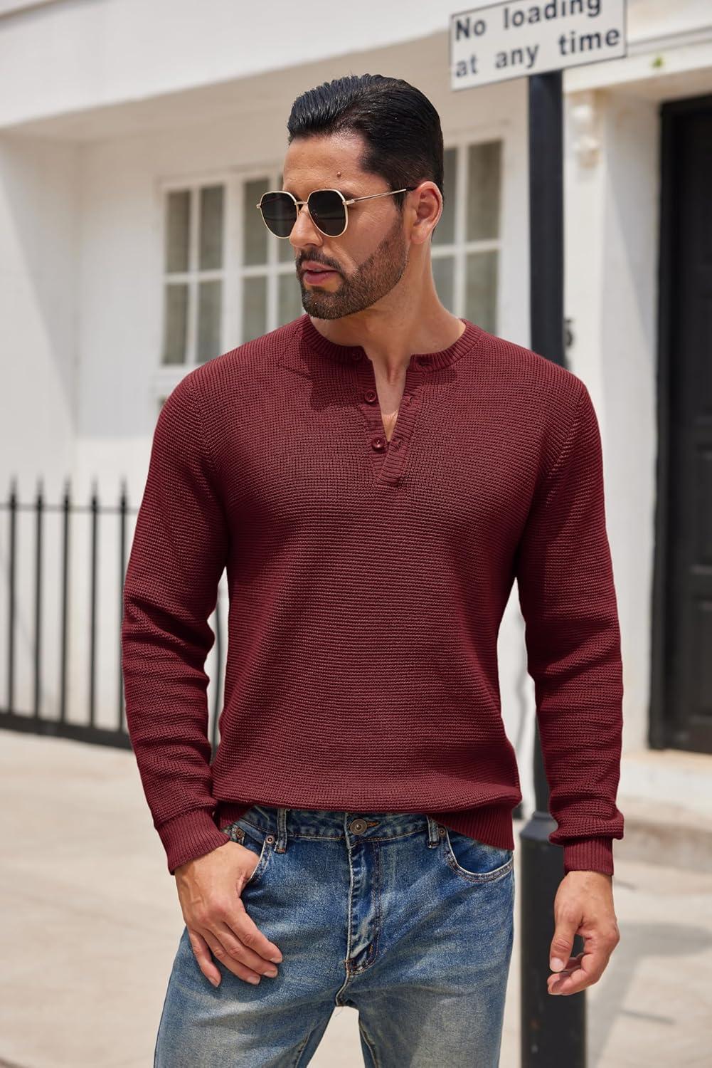 imageCOOFANDY Mens Henley Knit Sweater Long Sleeve Button Pullover Sweater Casual Waffle Texture Fashion Henley SweaterWine Red