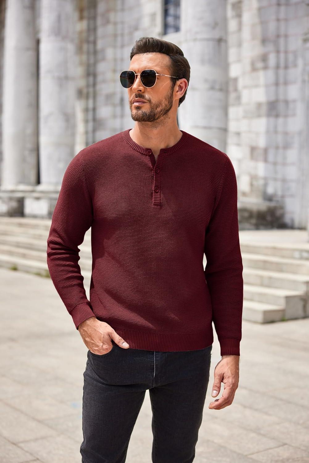 imageCOOFANDY Mens Henley Knit Sweater Long Sleeve Button Pullover Sweater Casual Waffle Texture Fashion Henley SweaterWine Red