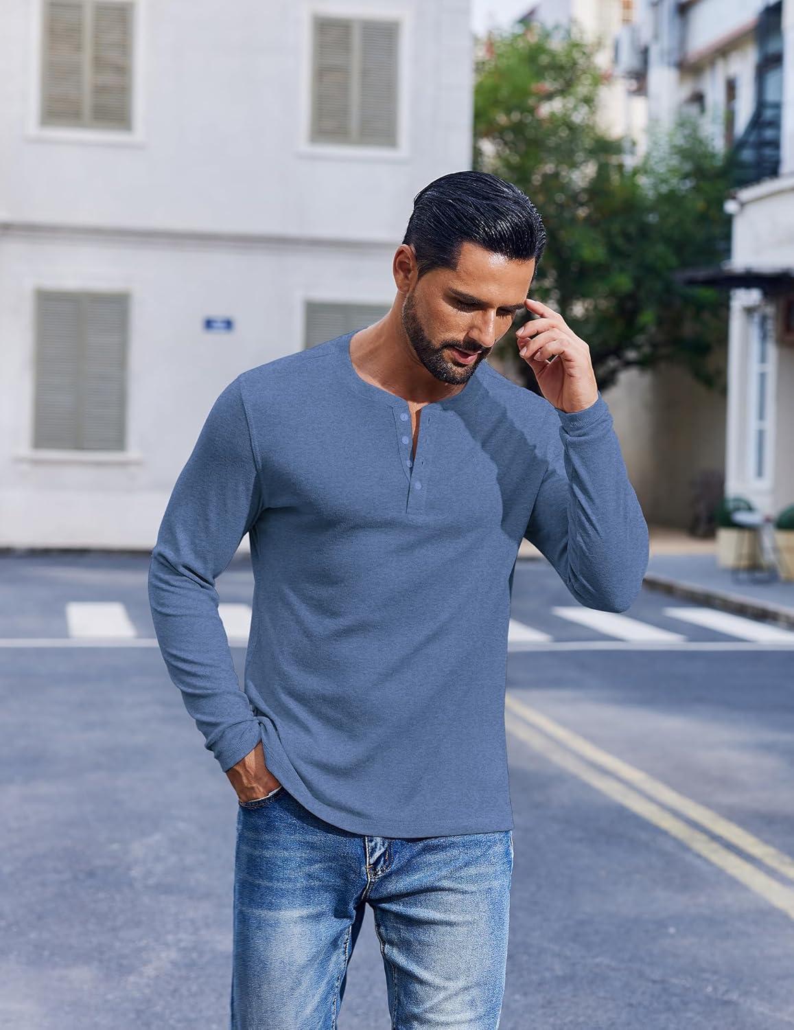 imageCOOFANDY Mens Henley Shirts Long Sleeve Lightweight Buttons TShirts Casual Basic Pullover TopBlue