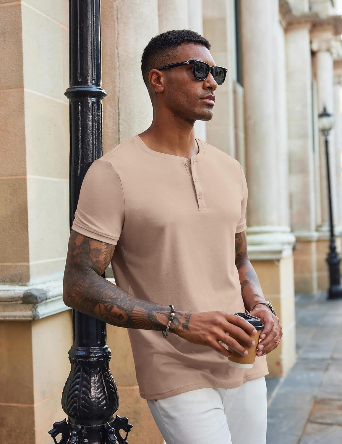 imageCOOFANDY Mens Henley Shirts Short Sleeve Casual Summer Basic Tee Solid Button TShirtsLight Khaki