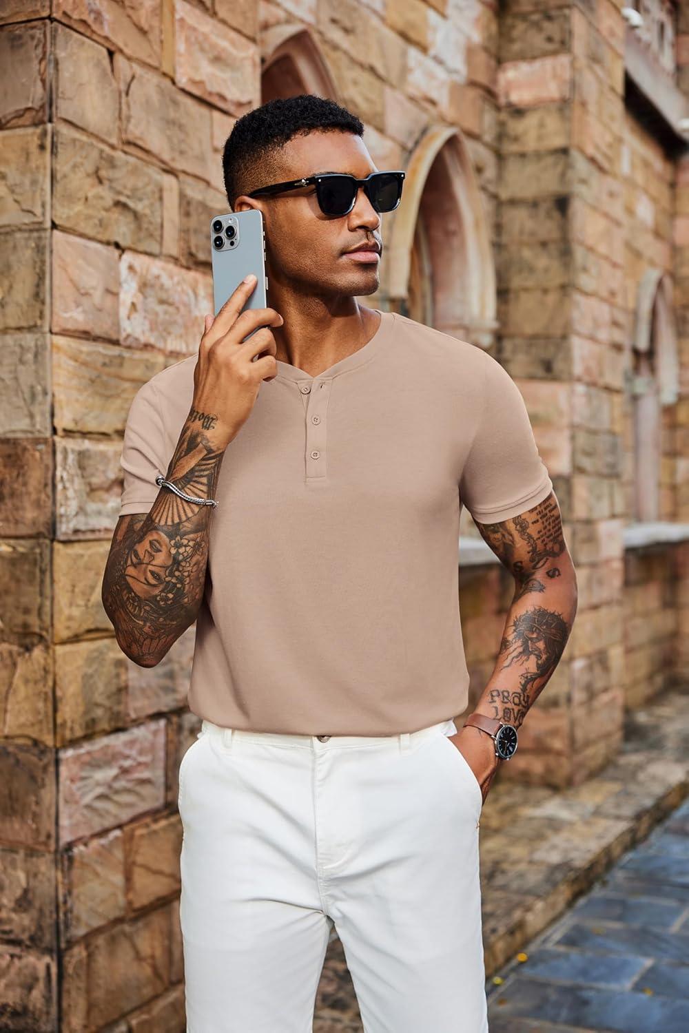 imageCOOFANDY Mens Henley Shirts Short Sleeve Casual Summer Basic Tee Solid Button TShirtsLight Khaki